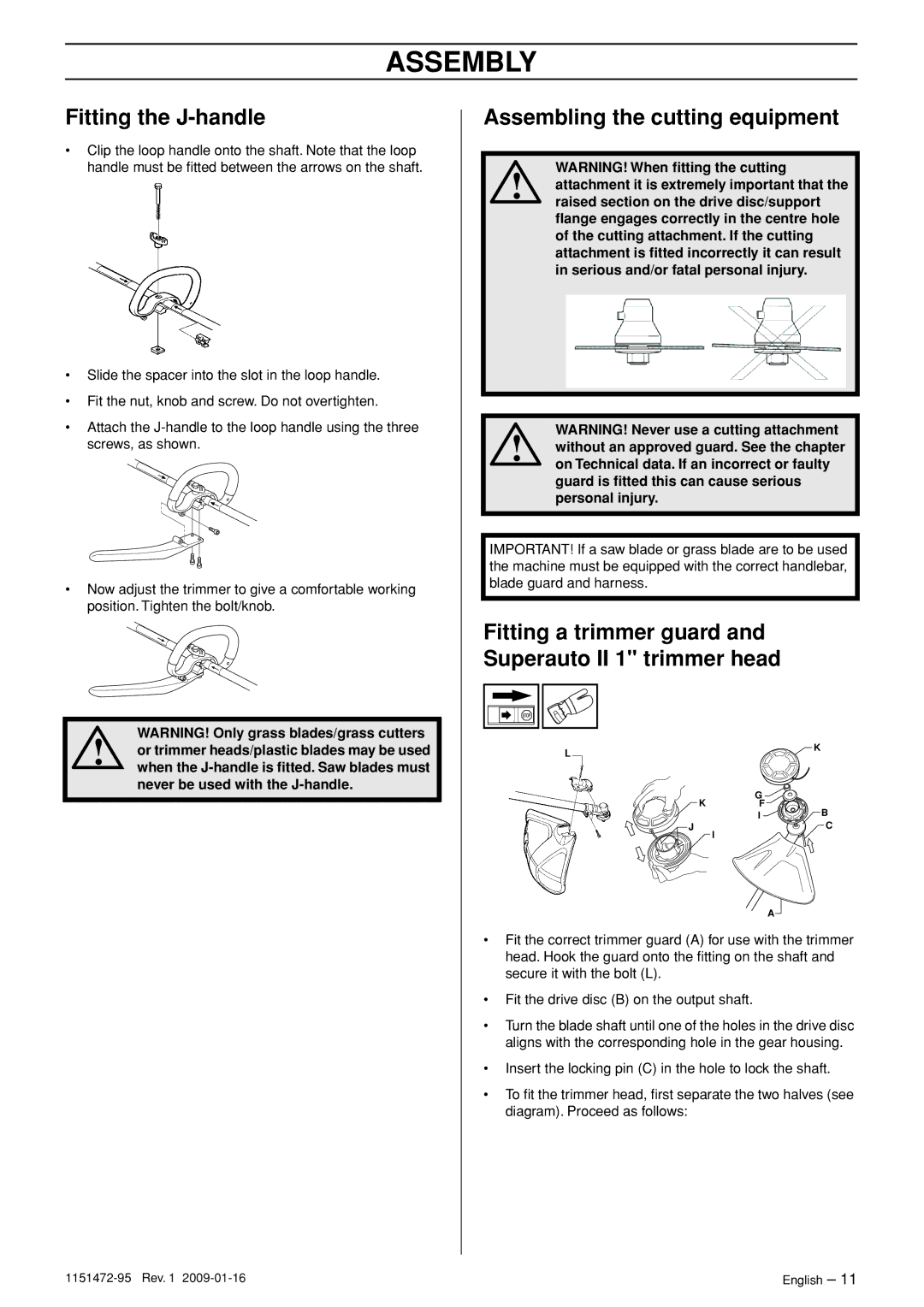 Husqvarna 326RJX manual Assembly, Fitting the J-handle, Assembling the cutting equipment 