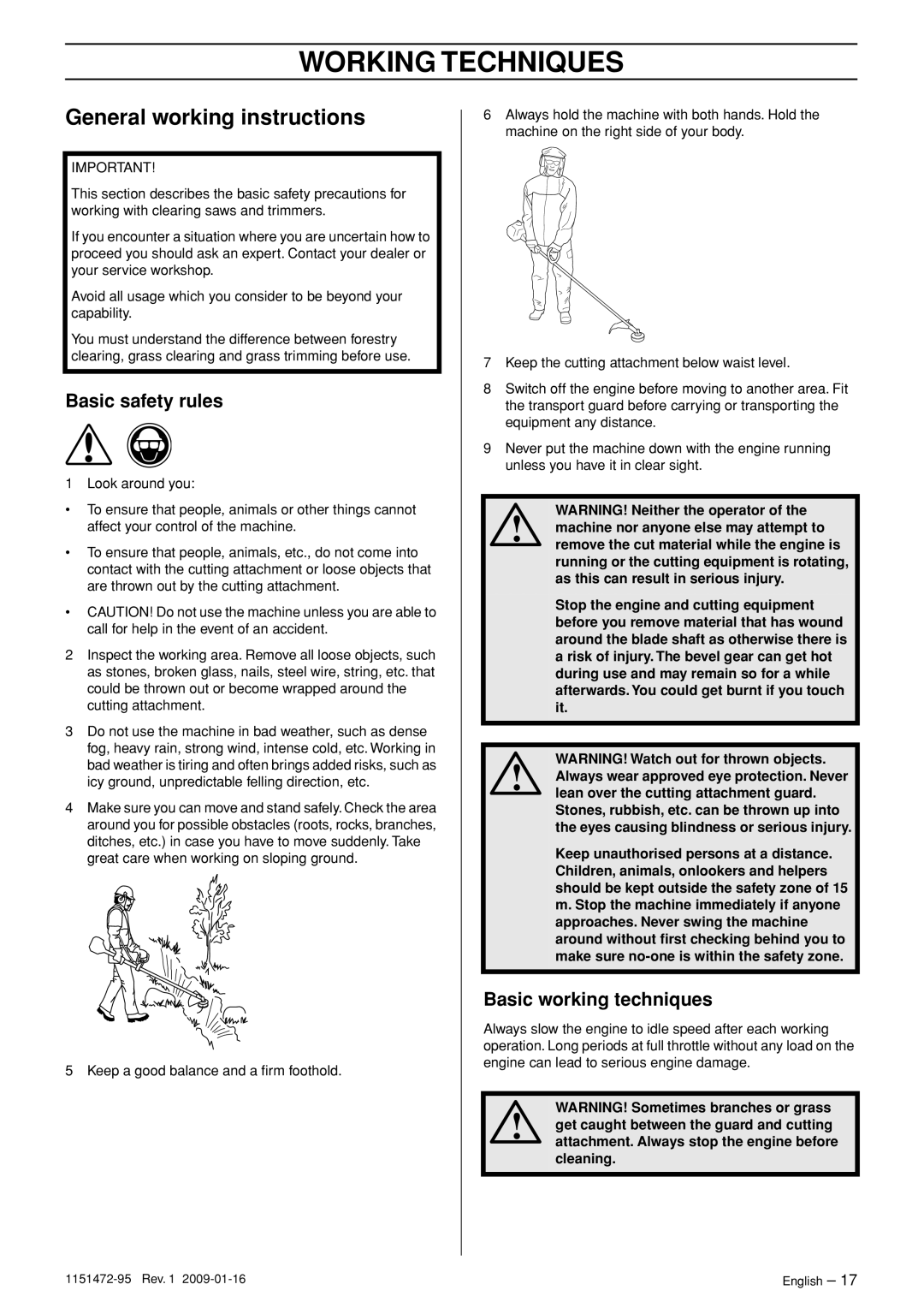 Husqvarna 326RJX manual Working Techniques, General working instructions, Basic safety rules, Basic working techniques 