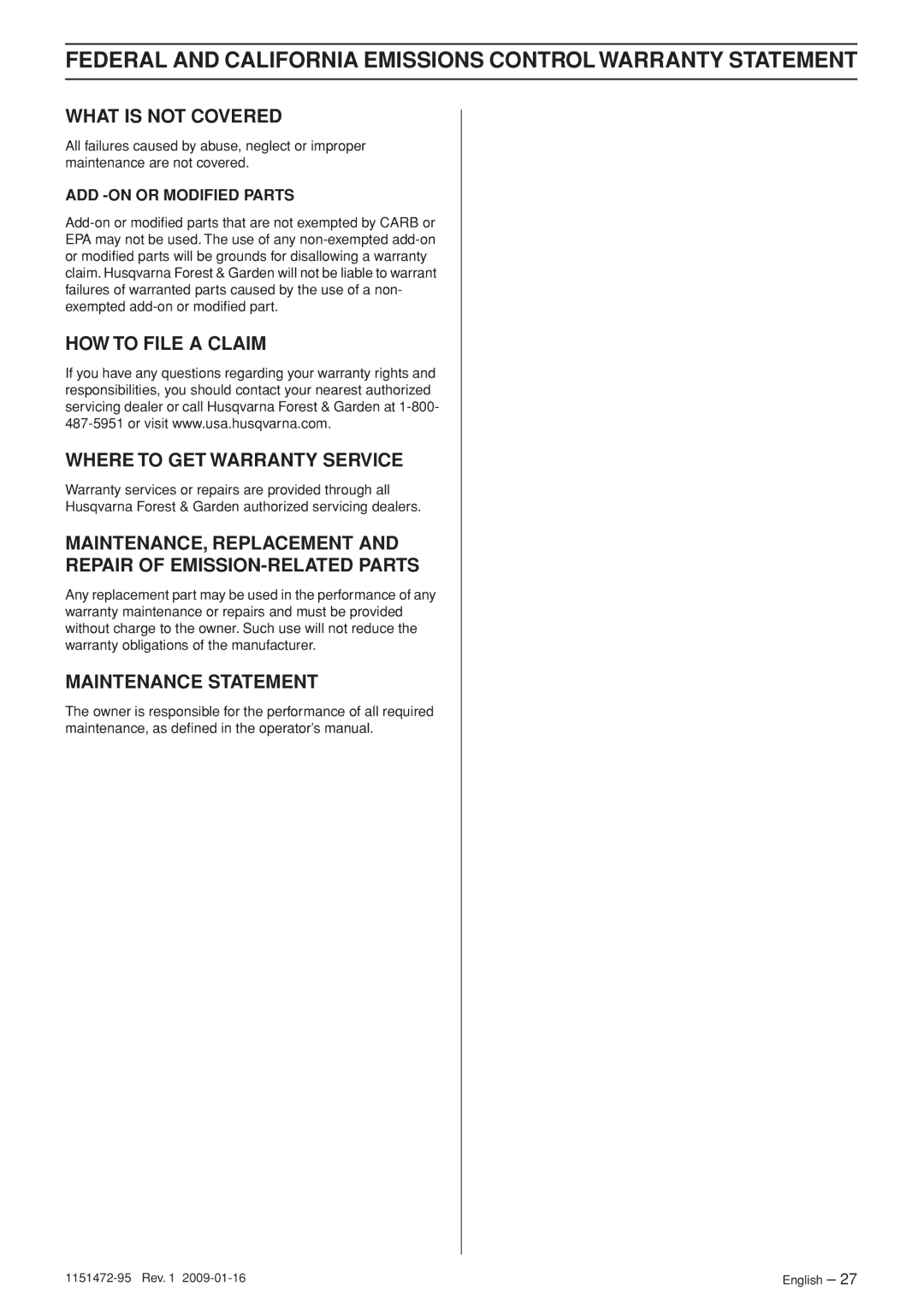 Husqvarna 326RJX manual Federal and California Emissions Control Warranty Statement 