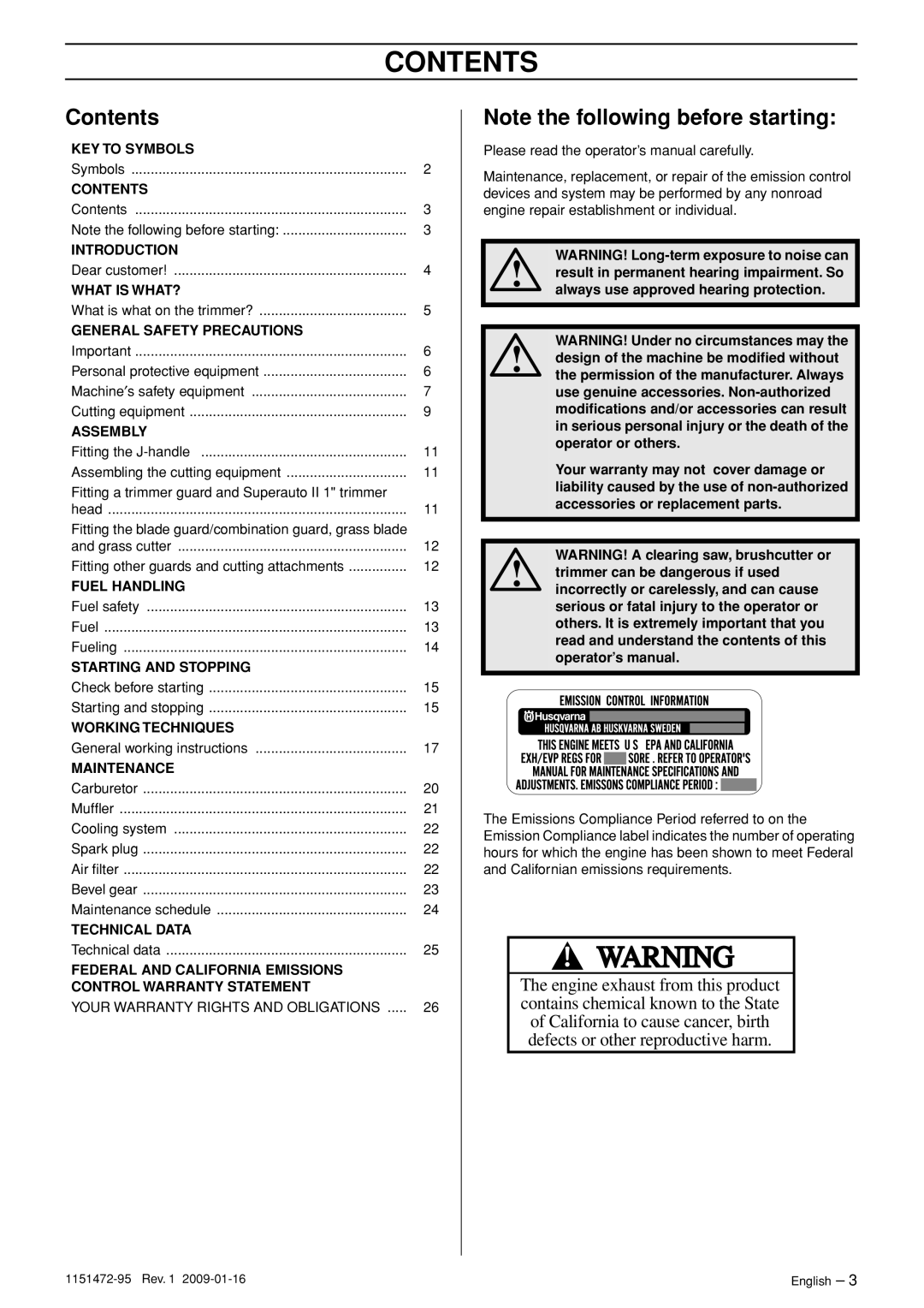 Husqvarna 326RJX manual Contents 