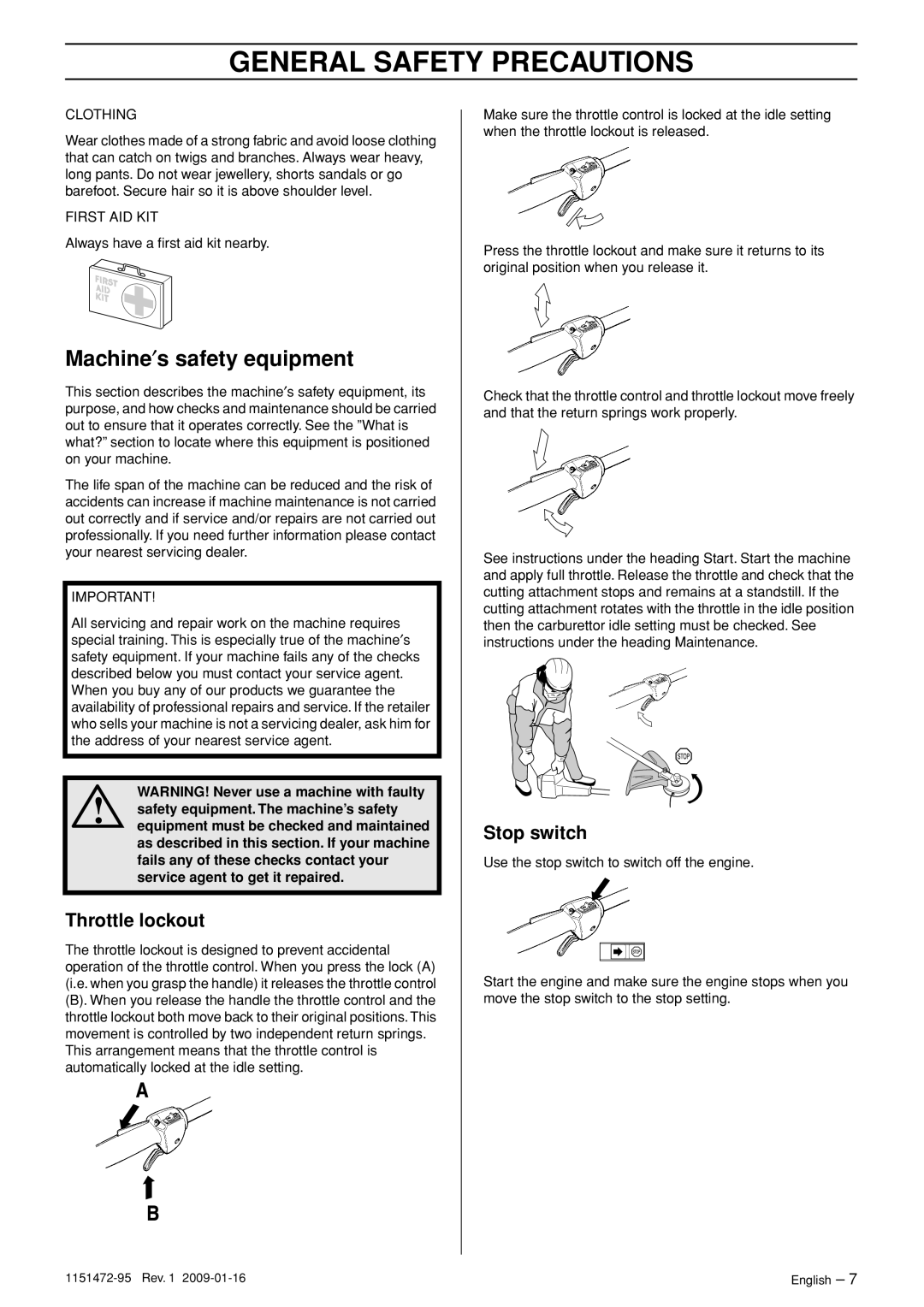 Husqvarna 326RJX manual Machine′s safety equipment, Throttle lockout, Stop switch 