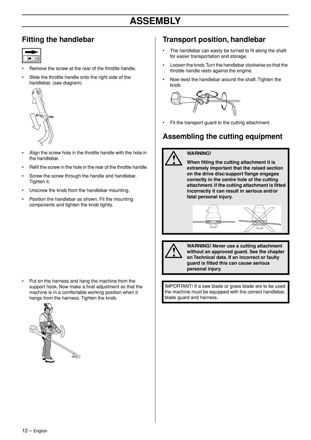 Husqvarna 326RX-Series Assembly, Fitting the handlebar, Transport position, handlebar, Assembling the cutting equipment 