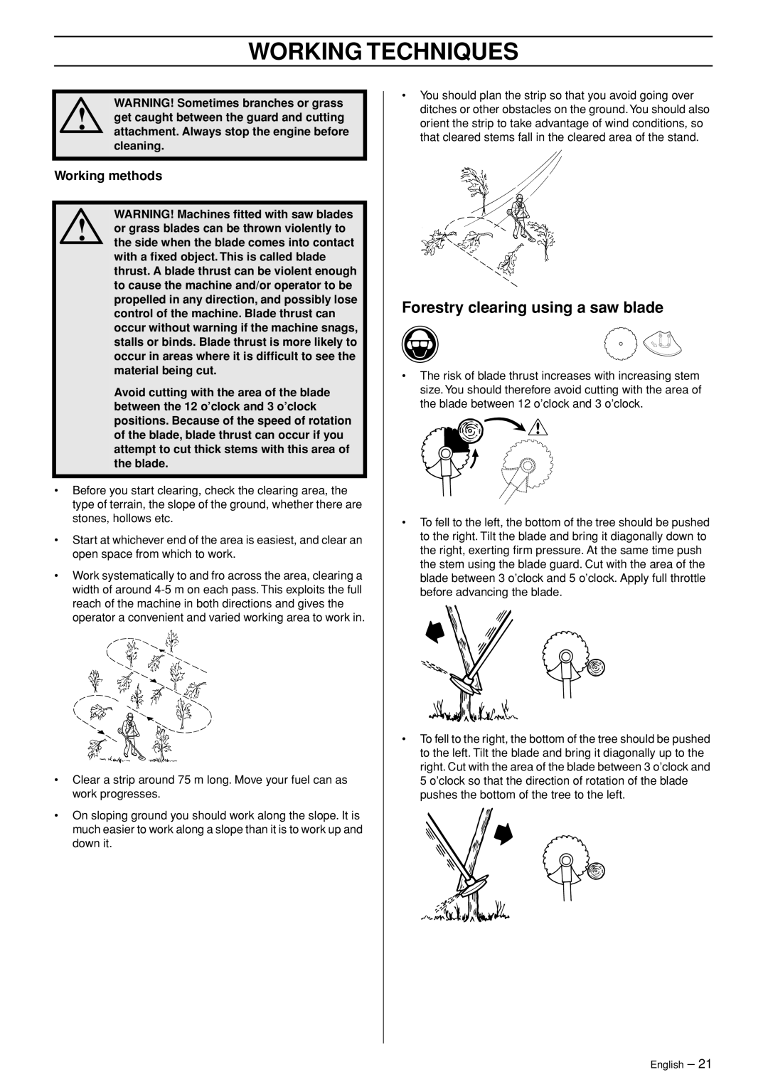 Husqvarna 326RX-Series manual Forestry clearing using a saw blade, Working methods 