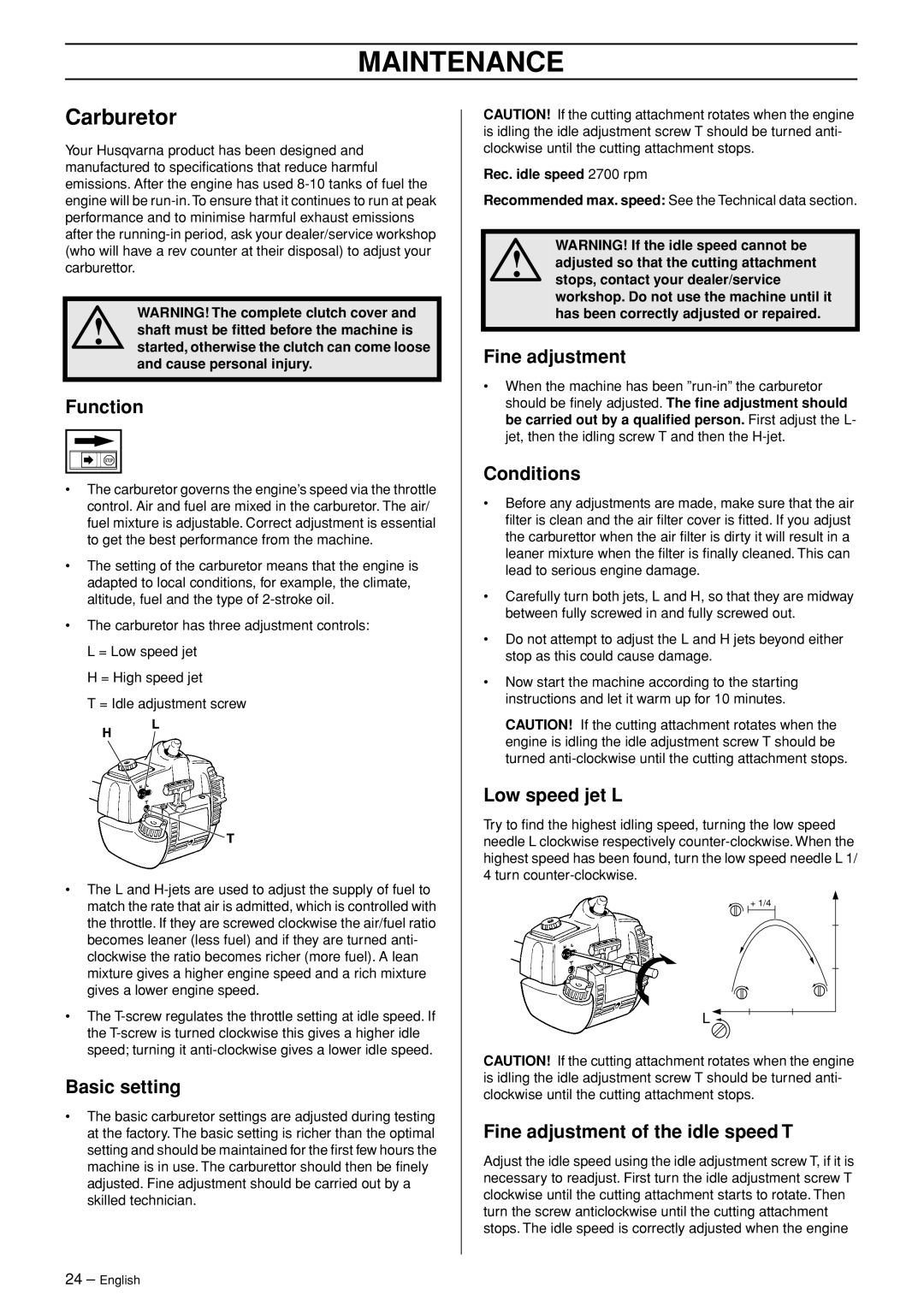 Husqvarna 326RX-Series manual Maintenance, Carburetor 