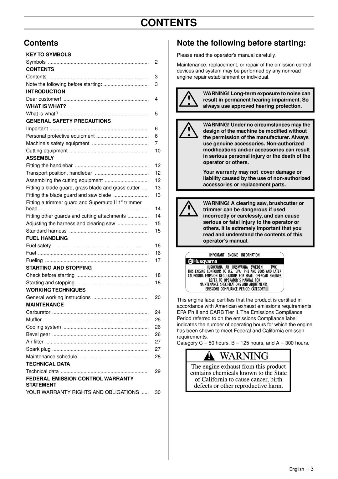 Husqvarna 326RX-Series manual Contents 