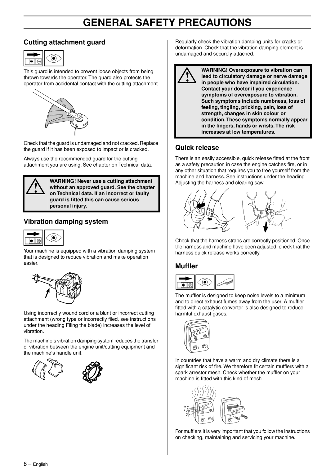 Husqvarna 326RX-Series manual Cutting attachment guard, Vibration damping system, Quick release, Mufﬂer 