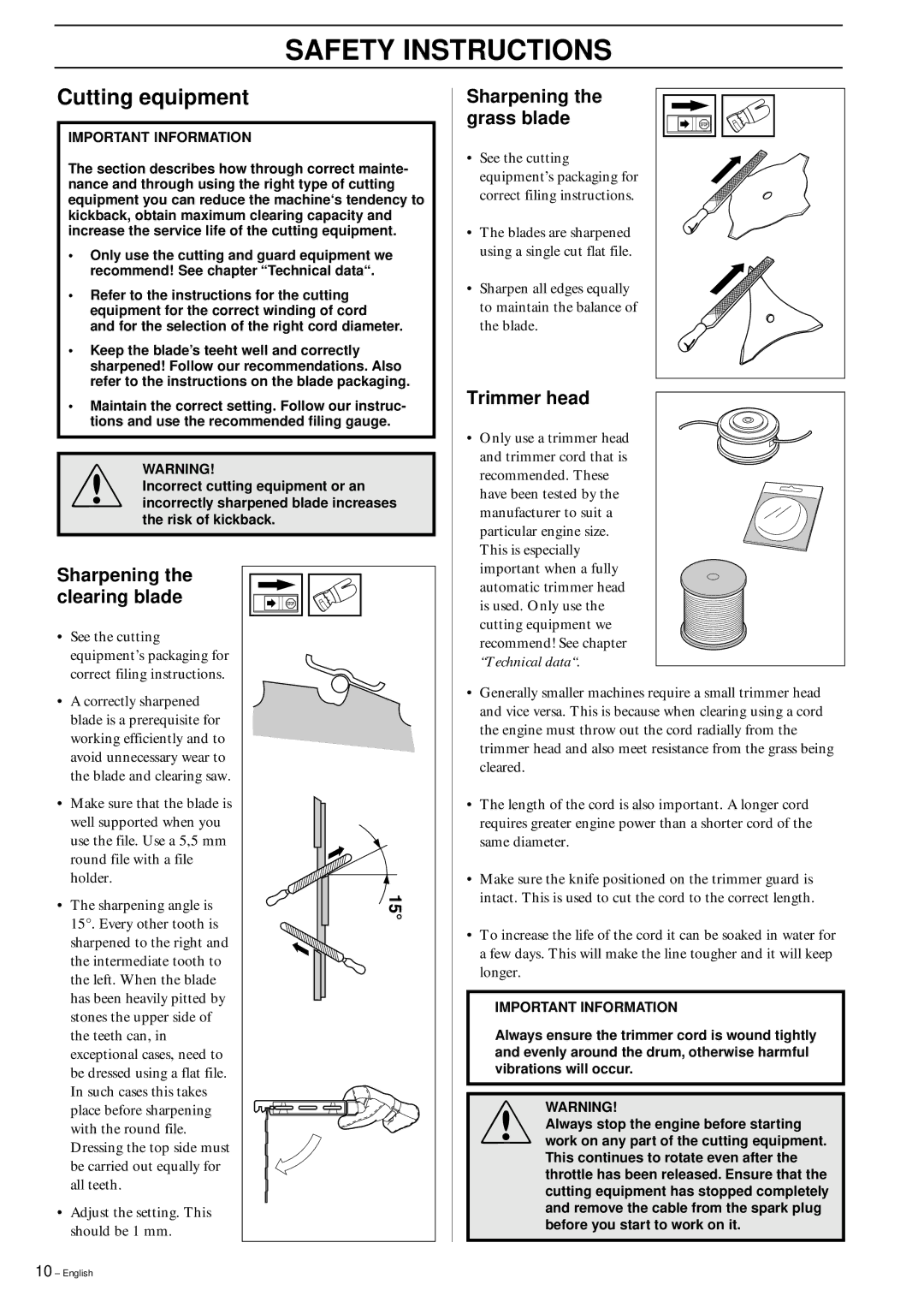 Husqvarna 326RX manual Cutting equipment, Sharpening, Grass blade, Trimmer head, Clearing blade 