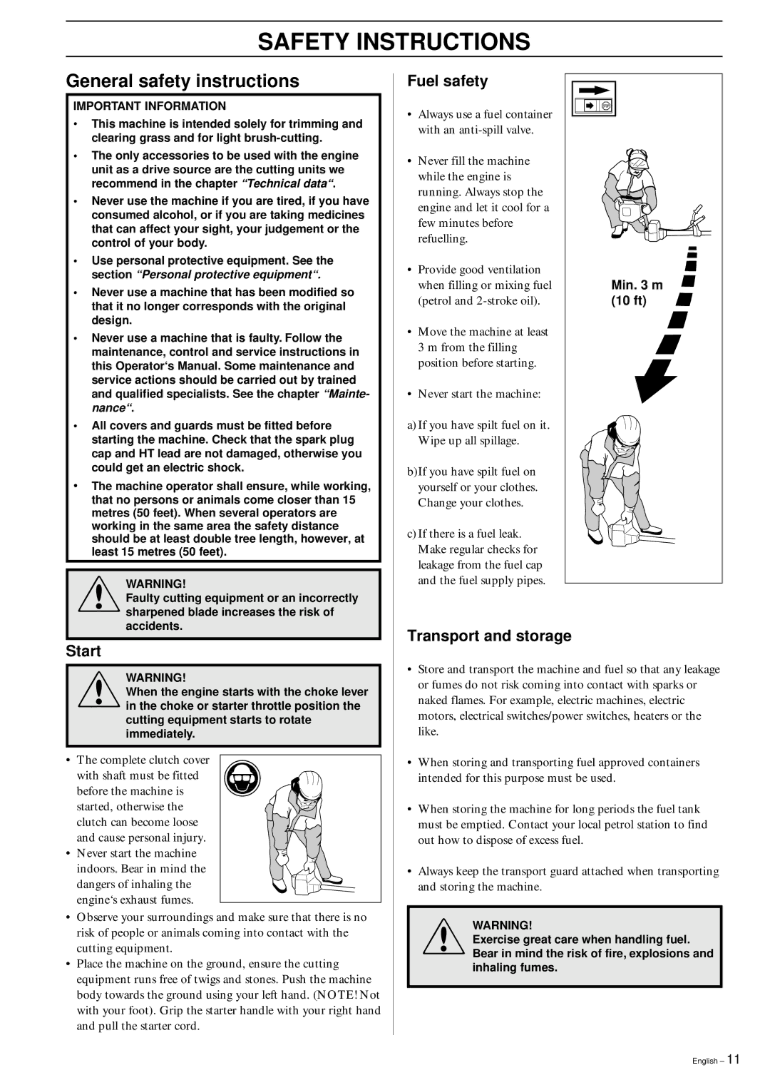 Husqvarna 326RX manual General safety instructions, Fuel safety, Start, Transport and storage, 10 ft 