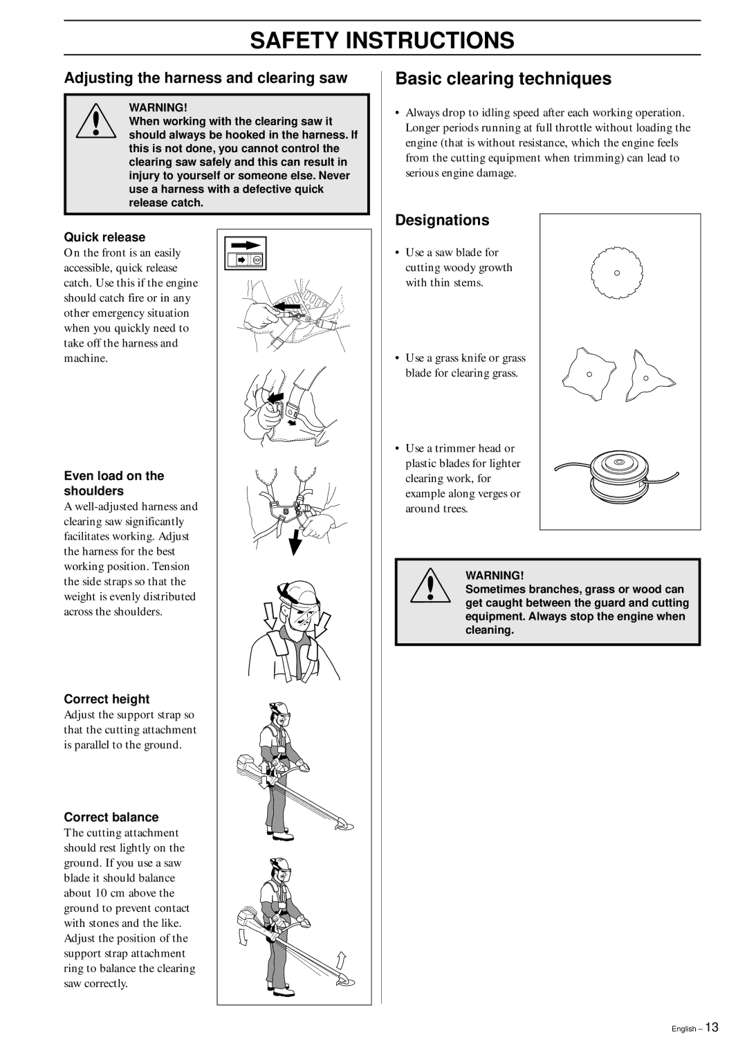 Husqvarna 326RX manual Basic clearing techniques, Adjusting the harness and clearing saw, Designations 