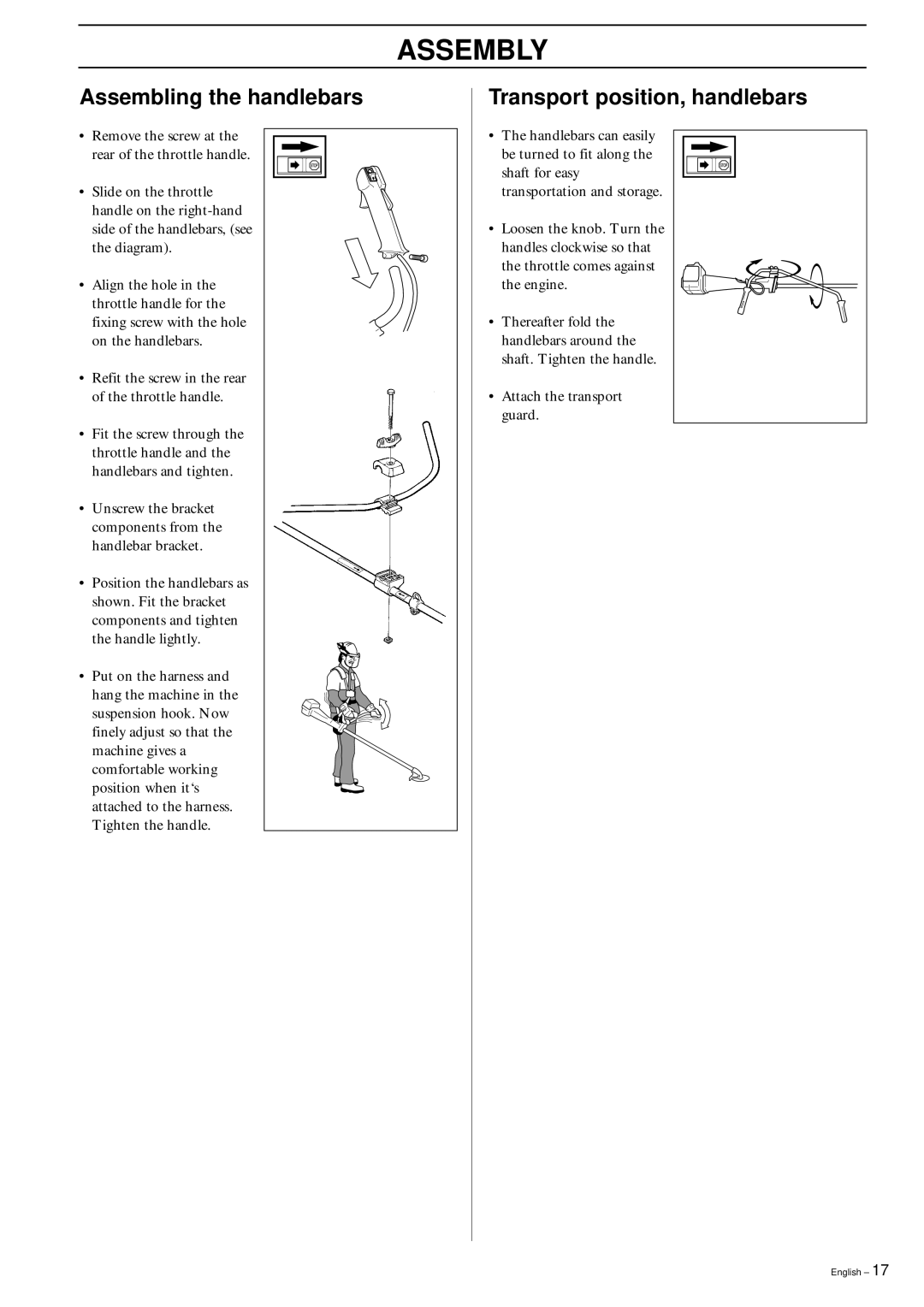 Husqvarna 326RX manual Assembly, Assembling the handlebars, Transport position, handlebars 