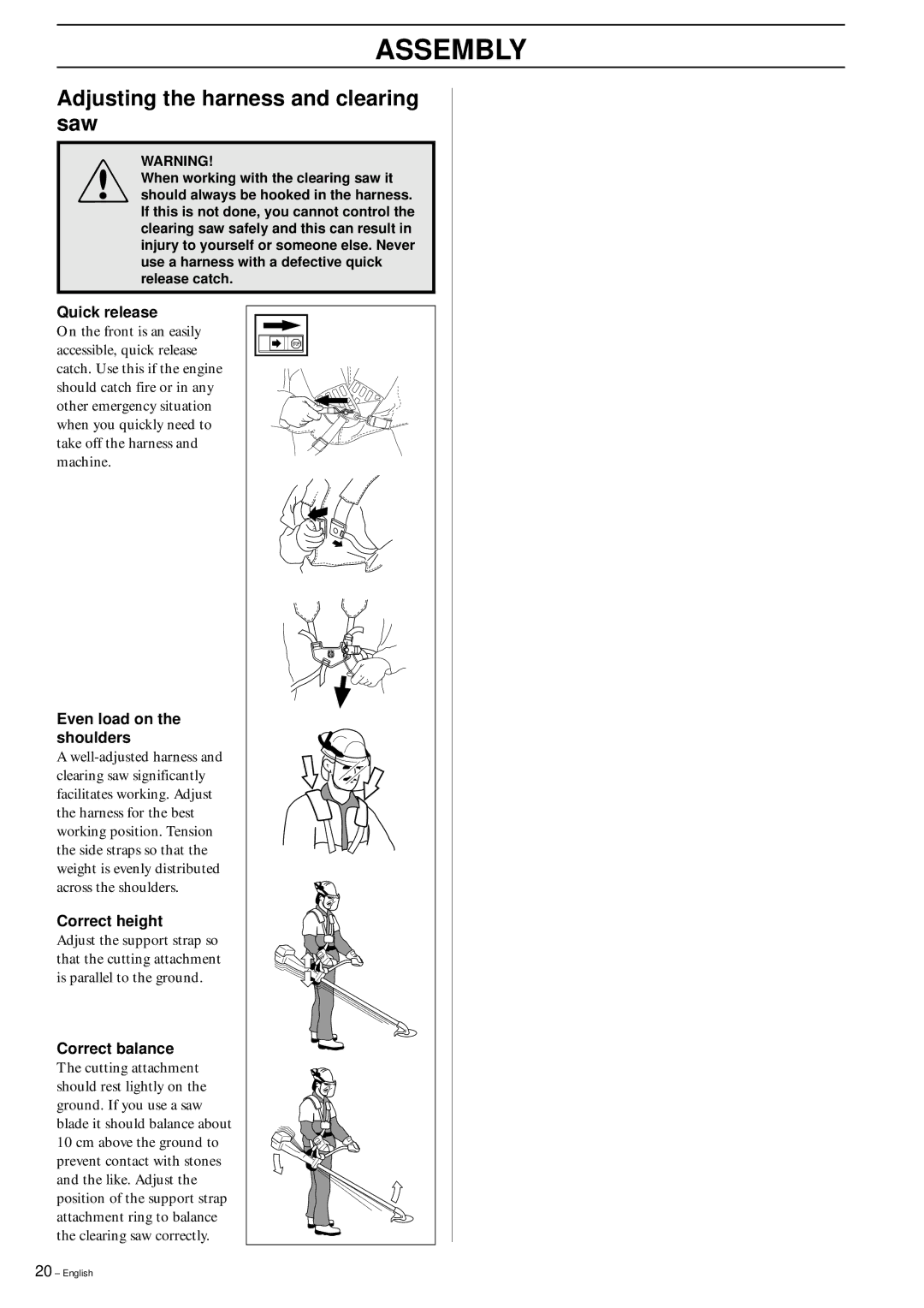 Husqvarna 326RX manual Adjusting the harness and clearing saw, Quick release 