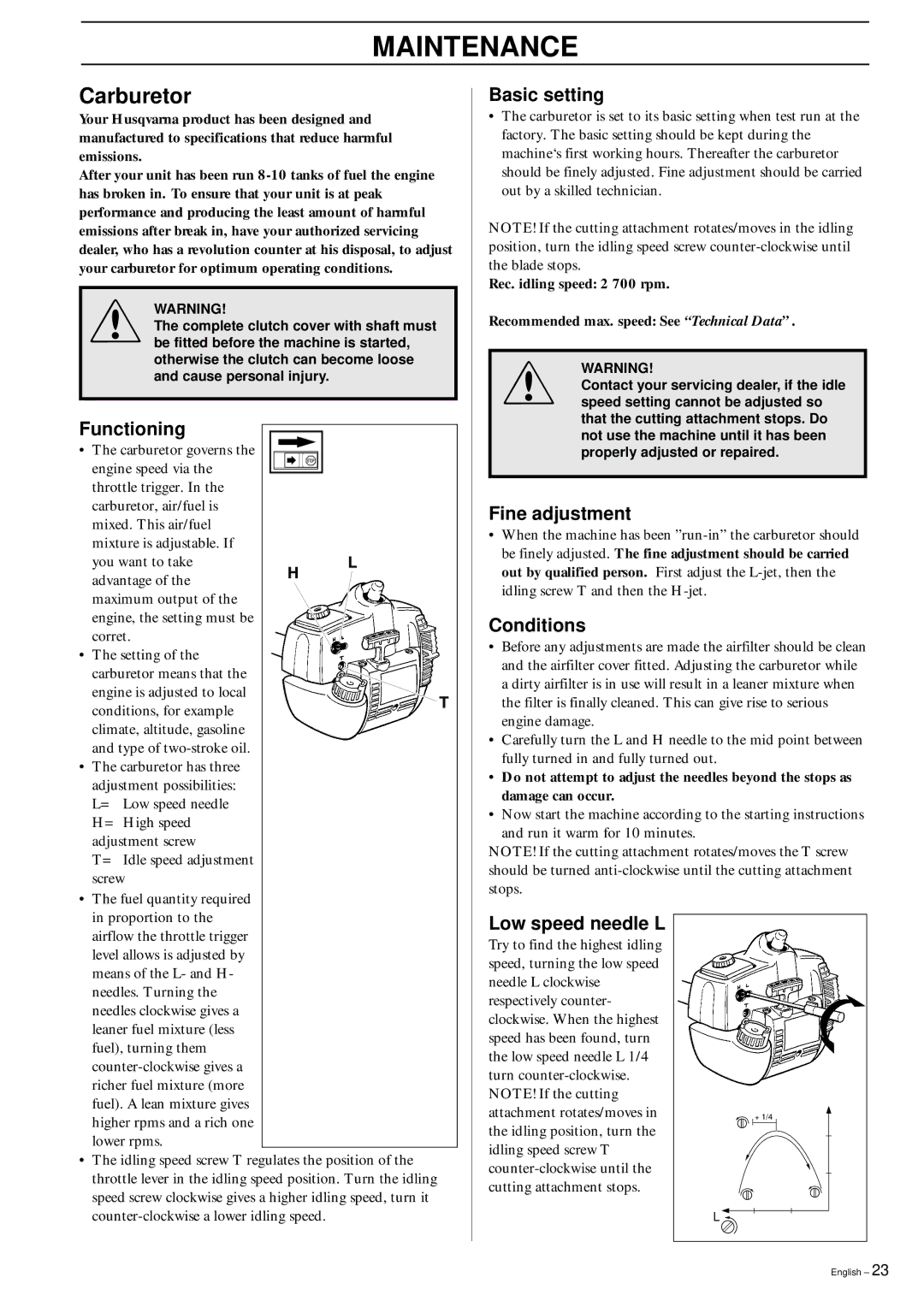 Husqvarna 326RX manual Maintenance, Carburetor 