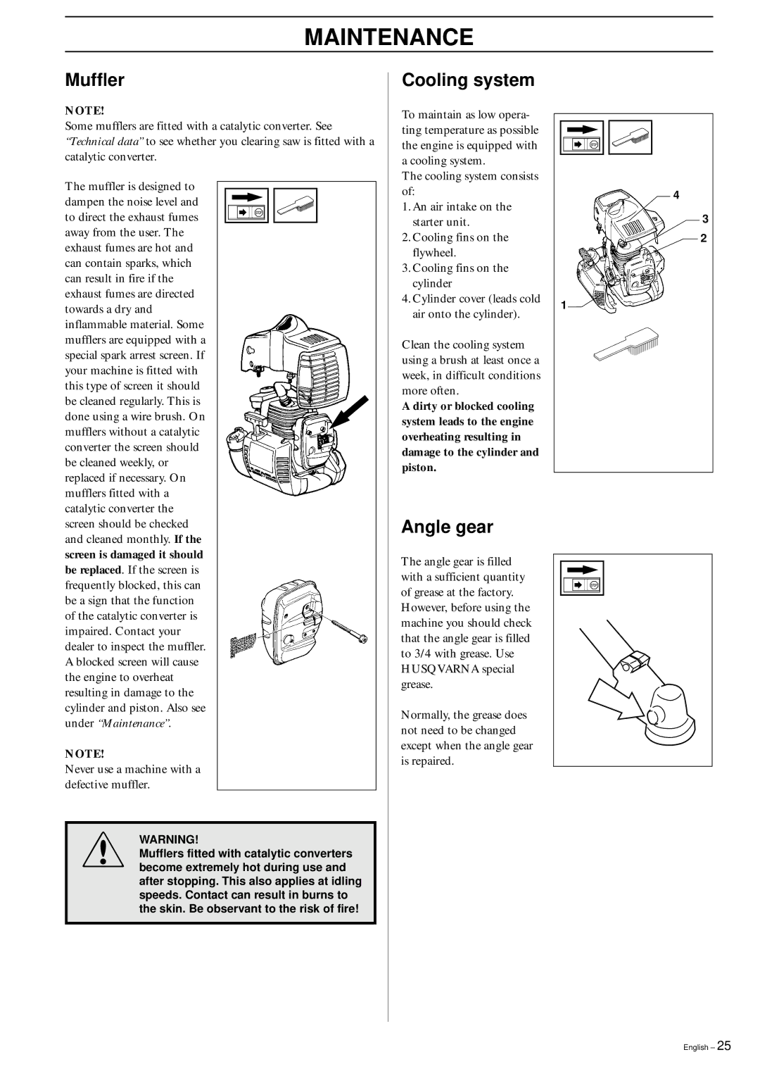 Husqvarna 326RX manual Muffler, Cooling system, Angle gear 