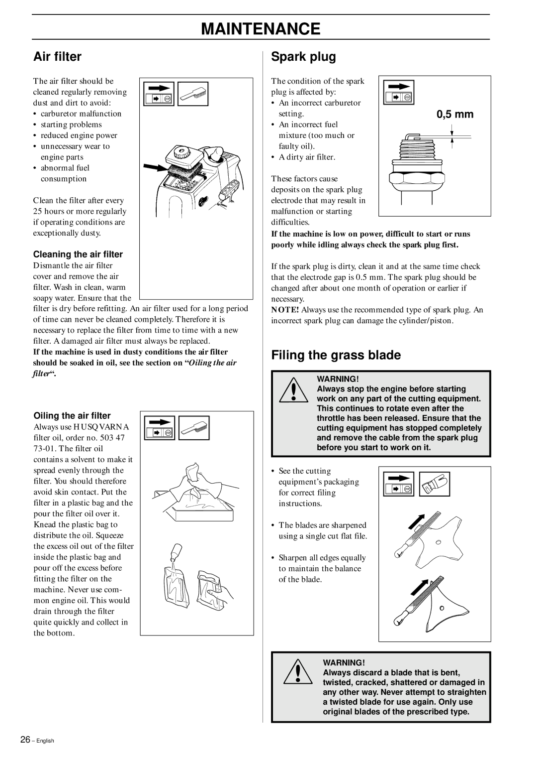 Husqvarna 326RX manual Air filter Spark plug, Filing the grass blade, Oiling the air filter 