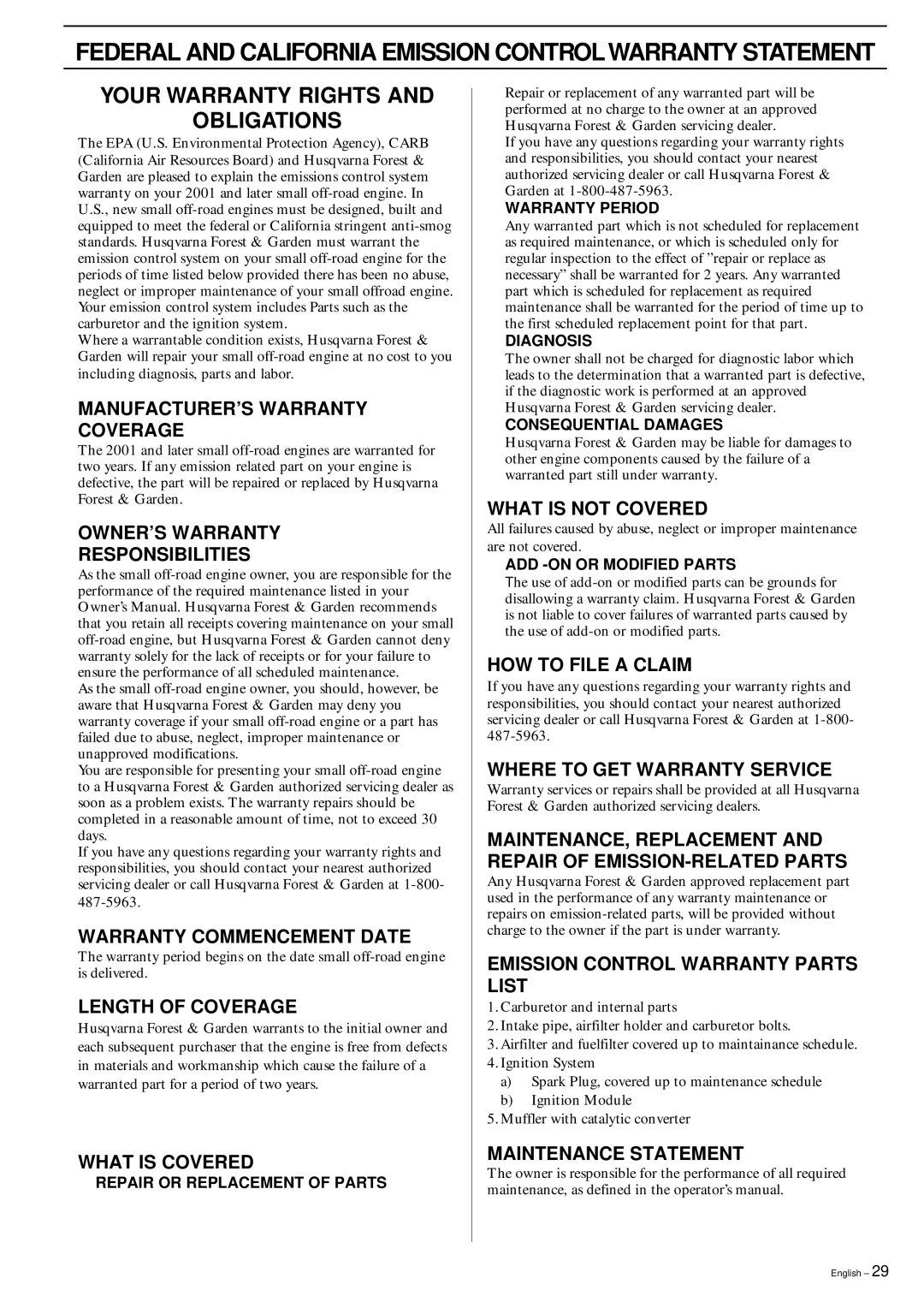 Husqvarna 326RX manual Federal and California Emission Control Warranty Statement 