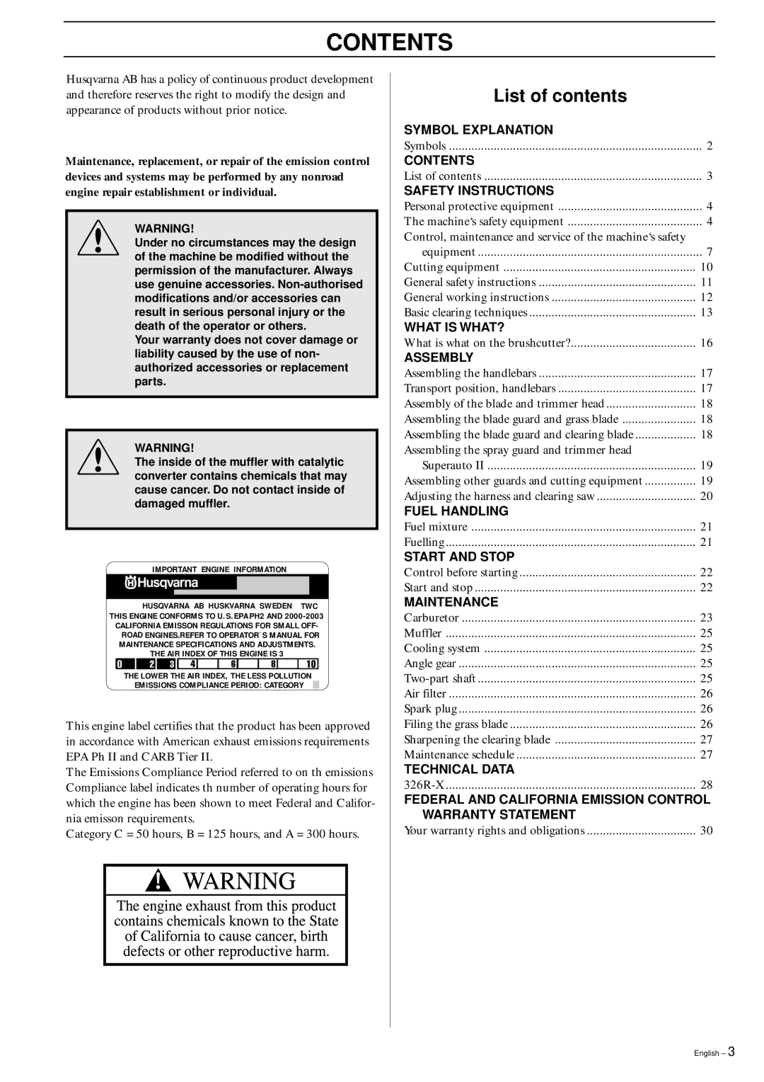 Husqvarna 326RX manual Contents 