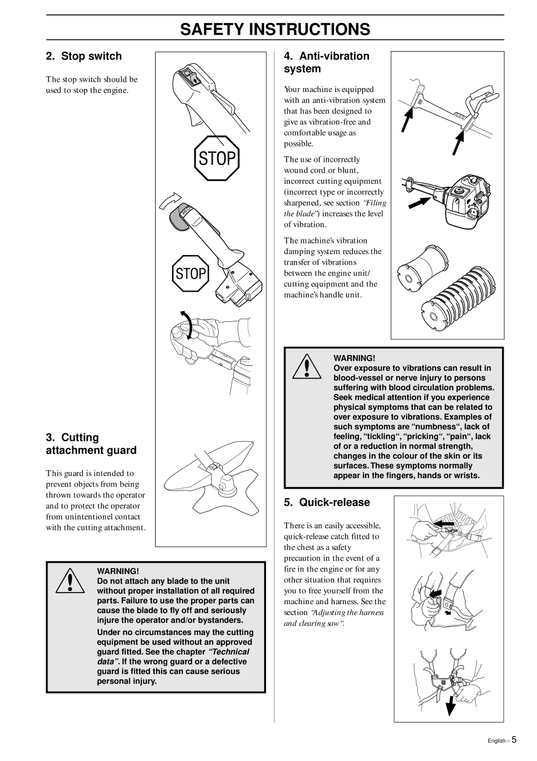 Husqvarna 326RX manual Stop switch, Cutting attachment guard, Anti-vibration system, Quick-release 