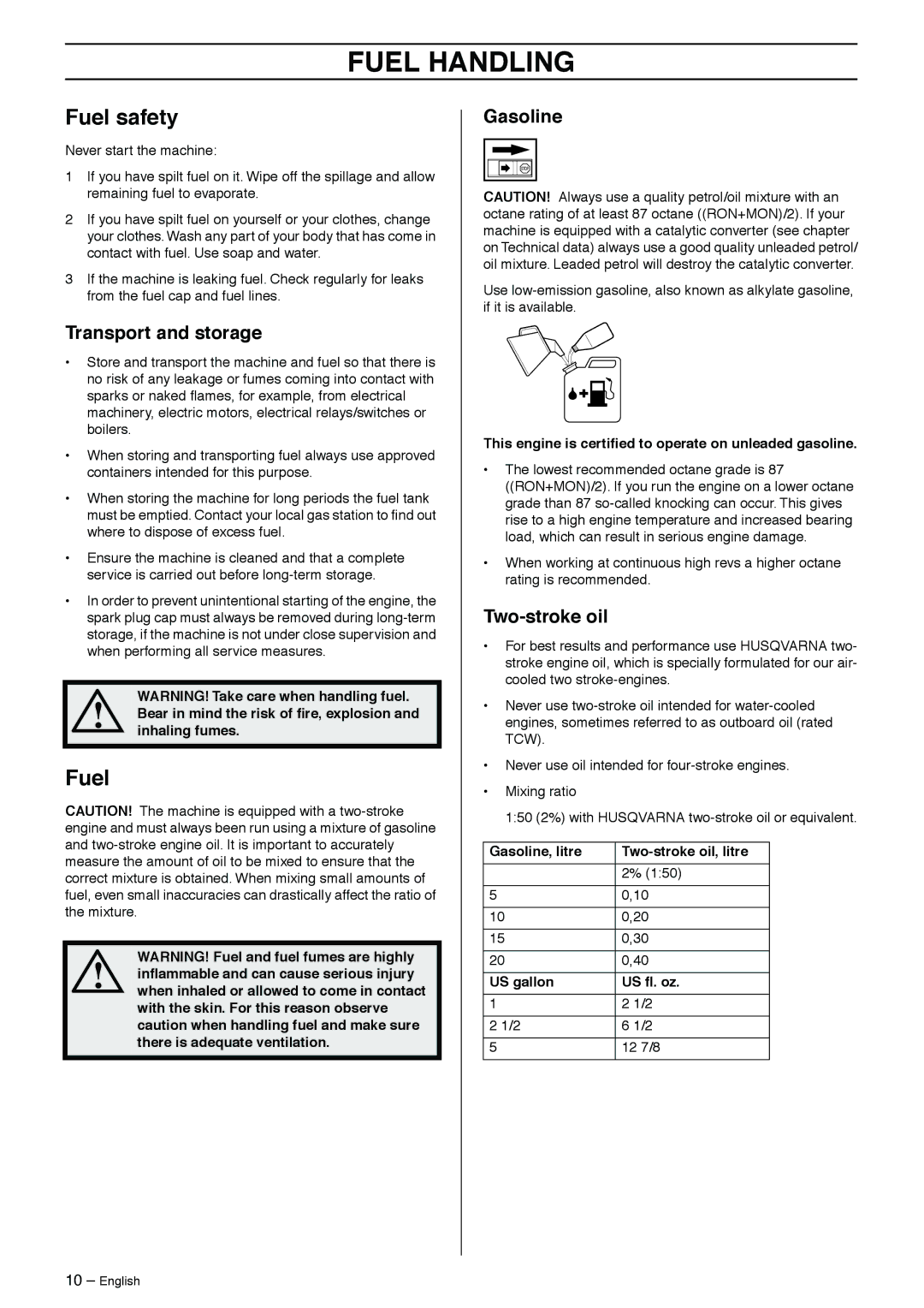 Husqvarna 326SX-Series manual Fuel Handling, Fuel safety 