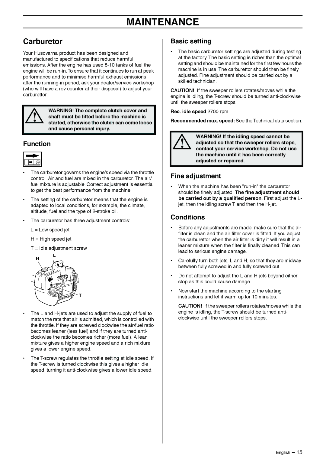 Husqvarna 326SX-Series manual Maintenance, Carburetor 