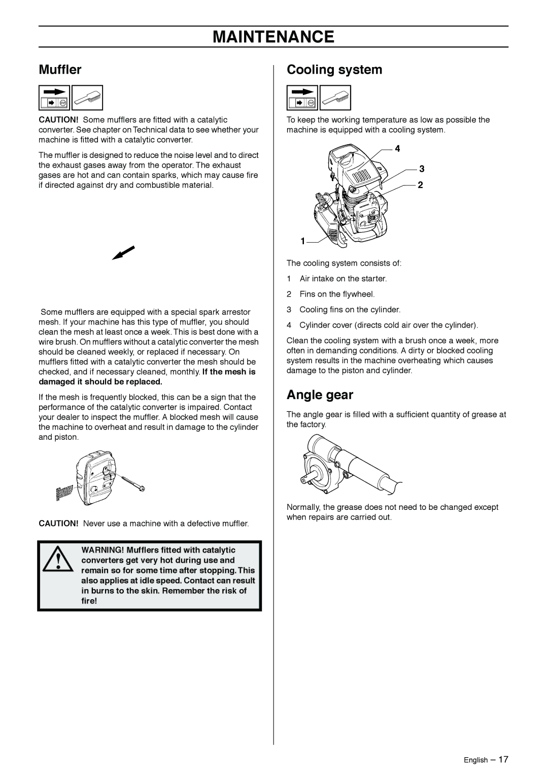 Husqvarna 326SX-Series manual Mufﬂer, Cooling system, Angle gear 