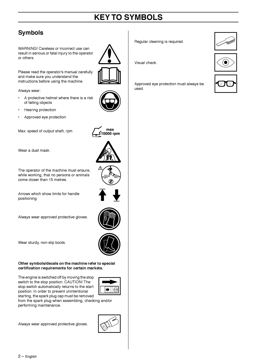 Husqvarna 326SX-Series manual KEY to Symbols, Come closer than 15 metres 