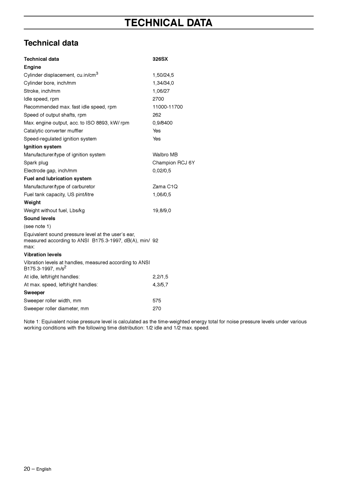 Husqvarna 326SX-Series manual Technical Data, Technical data 