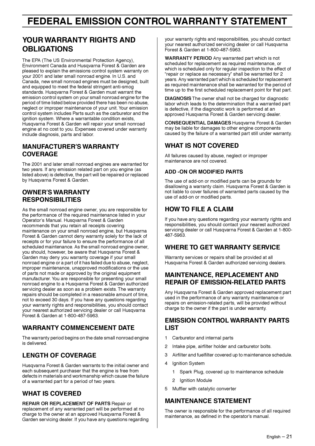 Husqvarna 326SX-Series manual Federal Emission Control Warranty Statement, Your Warranty Rights and Obligations 