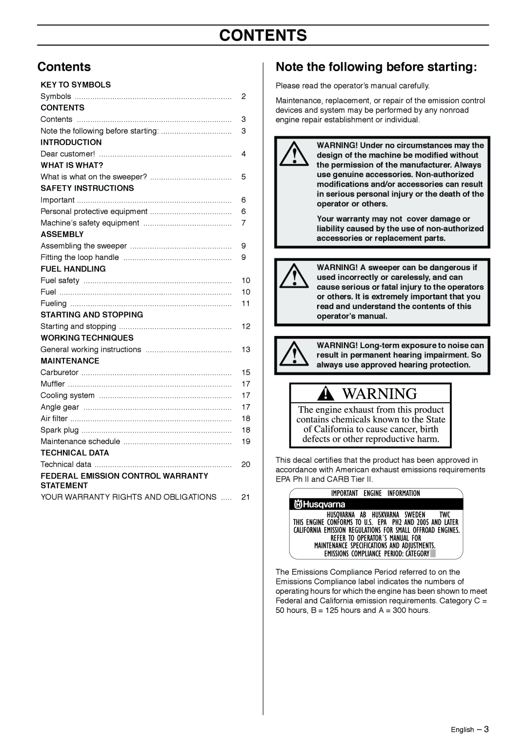 Husqvarna 326SX-Series manual Contents 