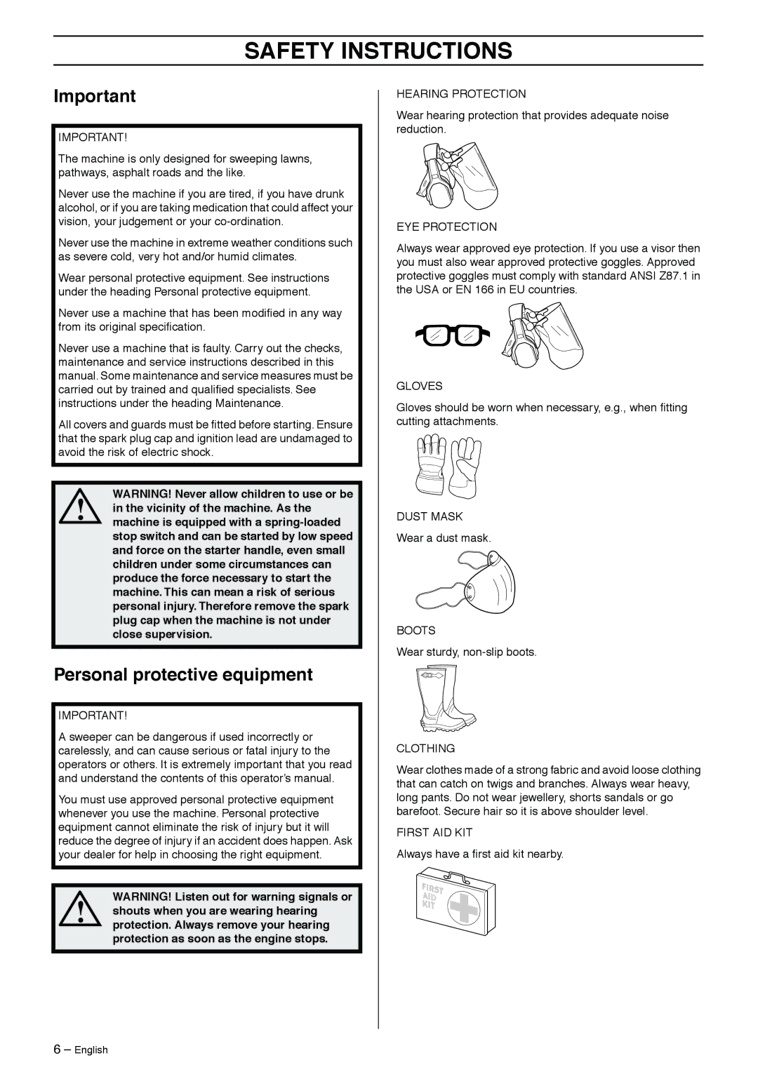 Husqvarna 326SX-Series manual Safety Instructions, Personal protective equipment 