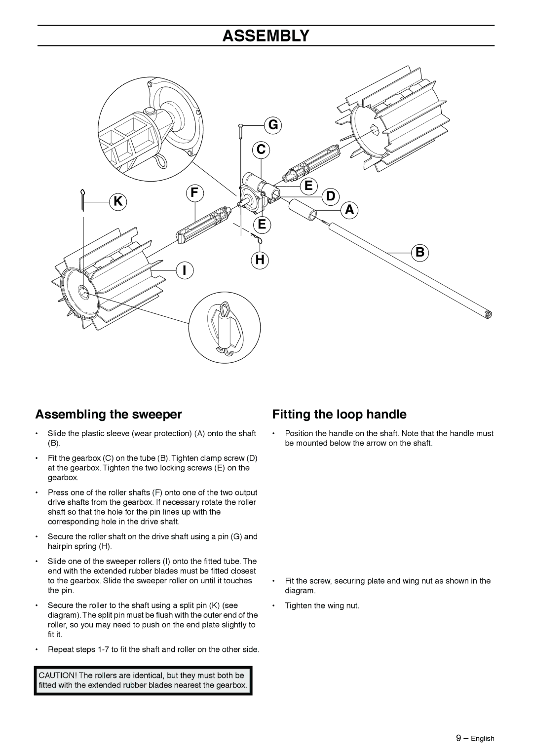 Husqvarna 326SX-Series manual Assembly, Assembling the sweeper, Fitting the loop handle 