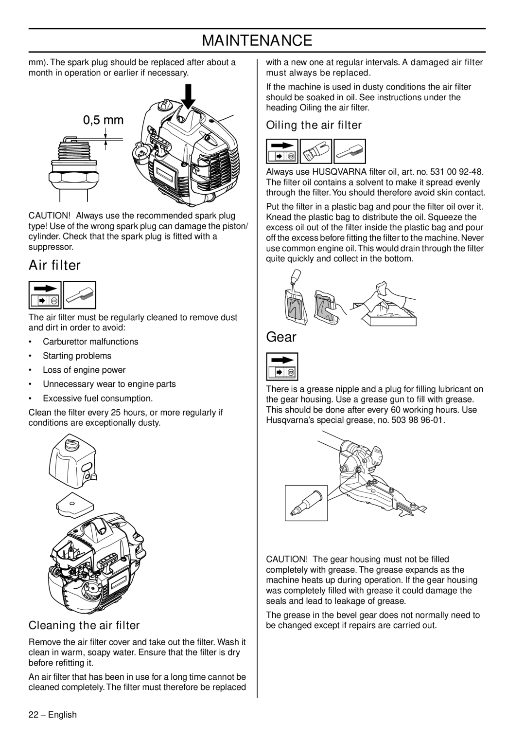 Husqvarna 327HE3 x-series manual Air ﬁlter, Gear, Cleaning the air ﬁlter, Oiling the air ﬁlter, Must always be replaced 