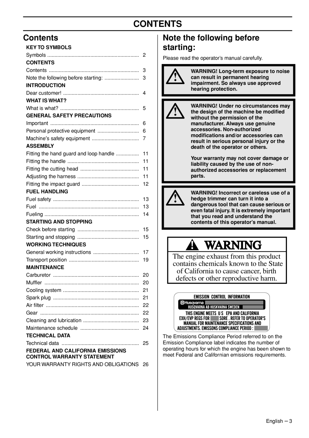 Husqvarna 327HDA65x series, 327HE3 x-series, 327HE4x-series manual Contents 