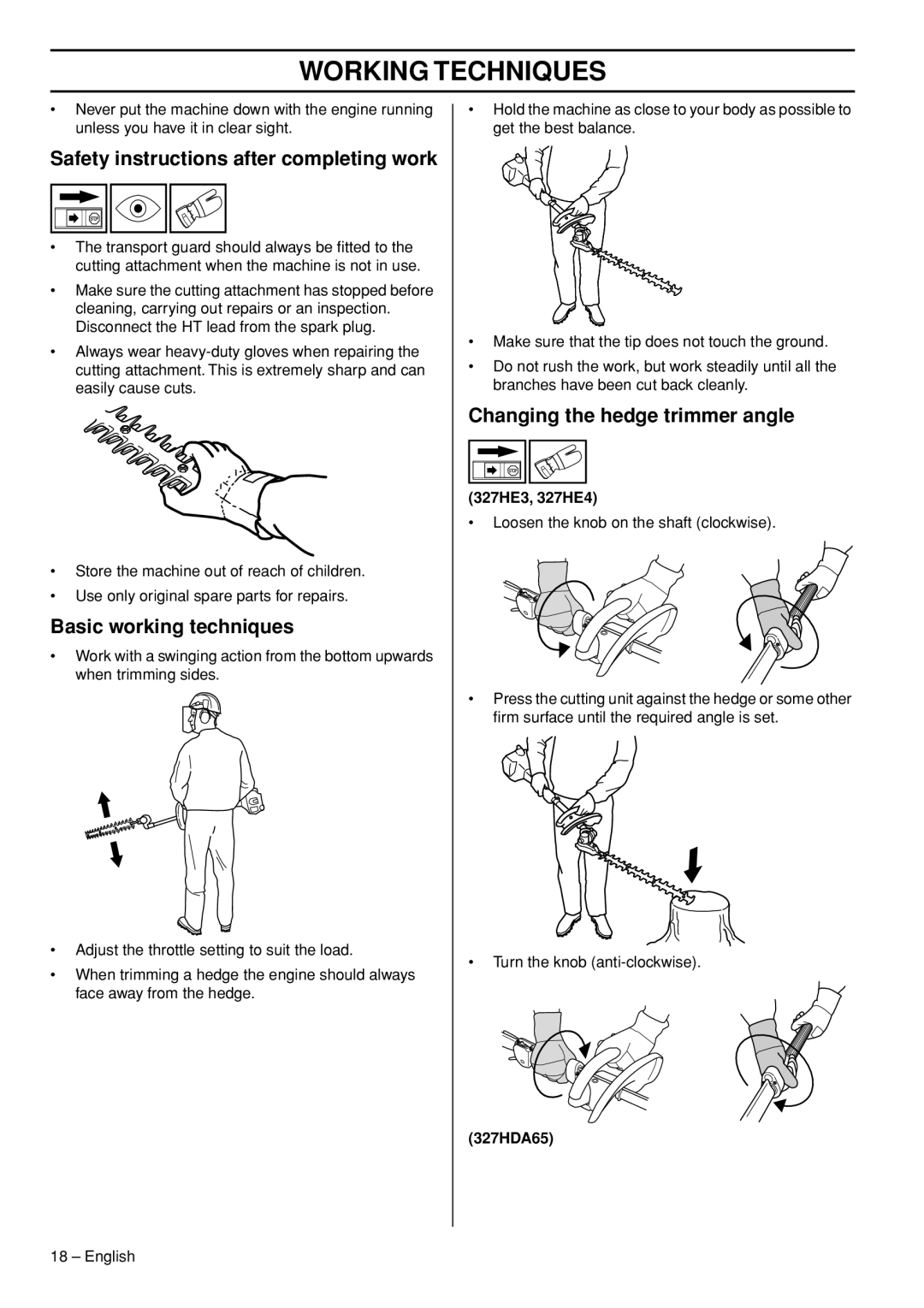 Husqvarna 327HDA65x series manual Safety instructions after completing work, Basic working techniques, Working Techniques 