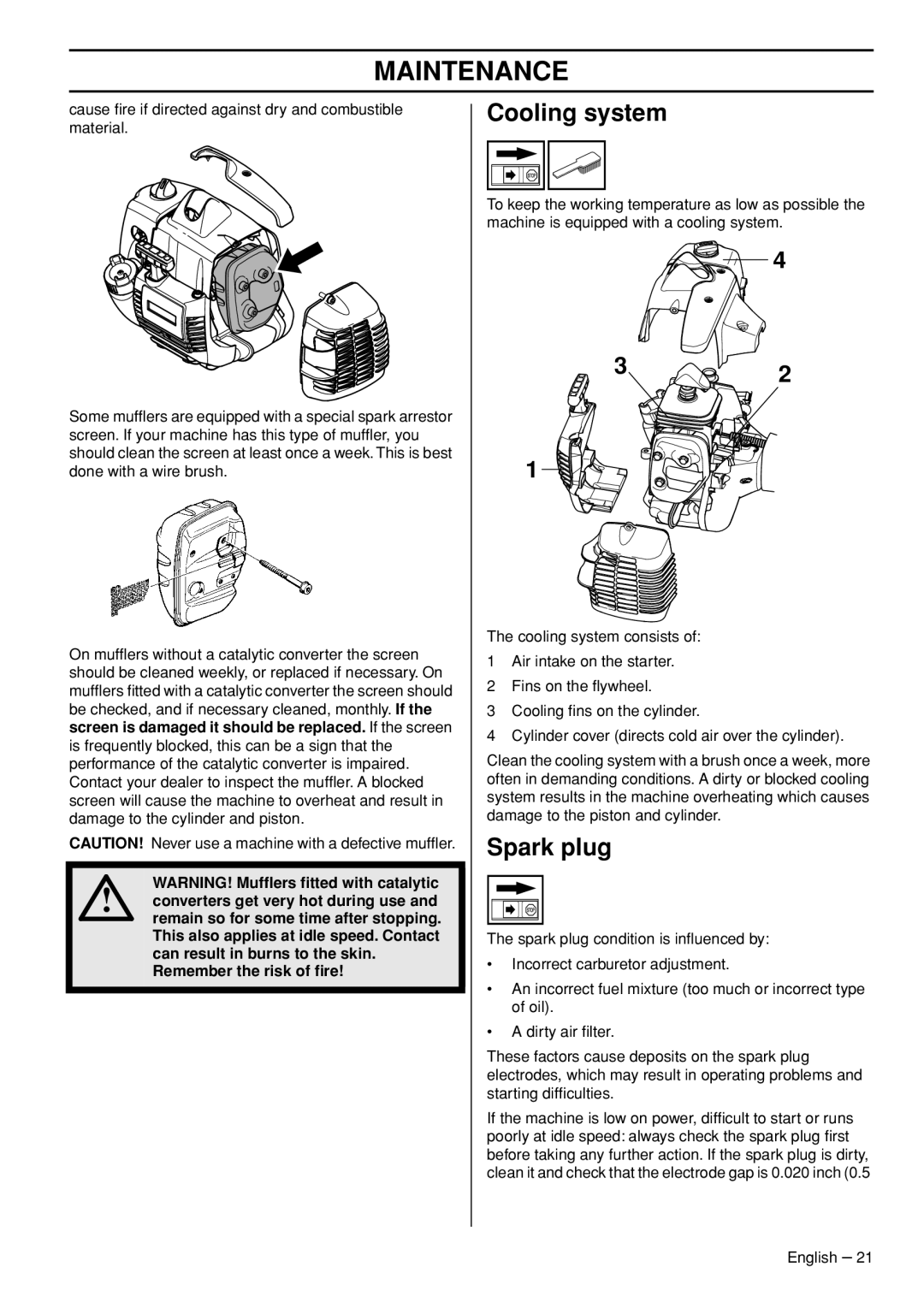 Husqvarna 327HE3, 327HDA65, 327HE4 manual Cooling system, Spark plug 