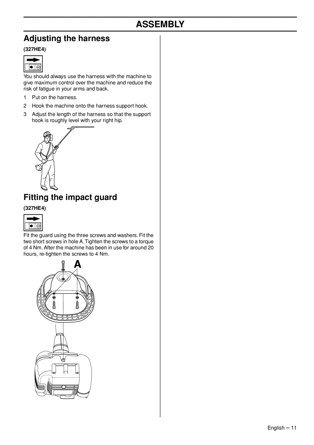 Husqvarna 327HDA65X, 327HE3X, 327HE4X manual Adjusting the harness, Fitting the impact guard 