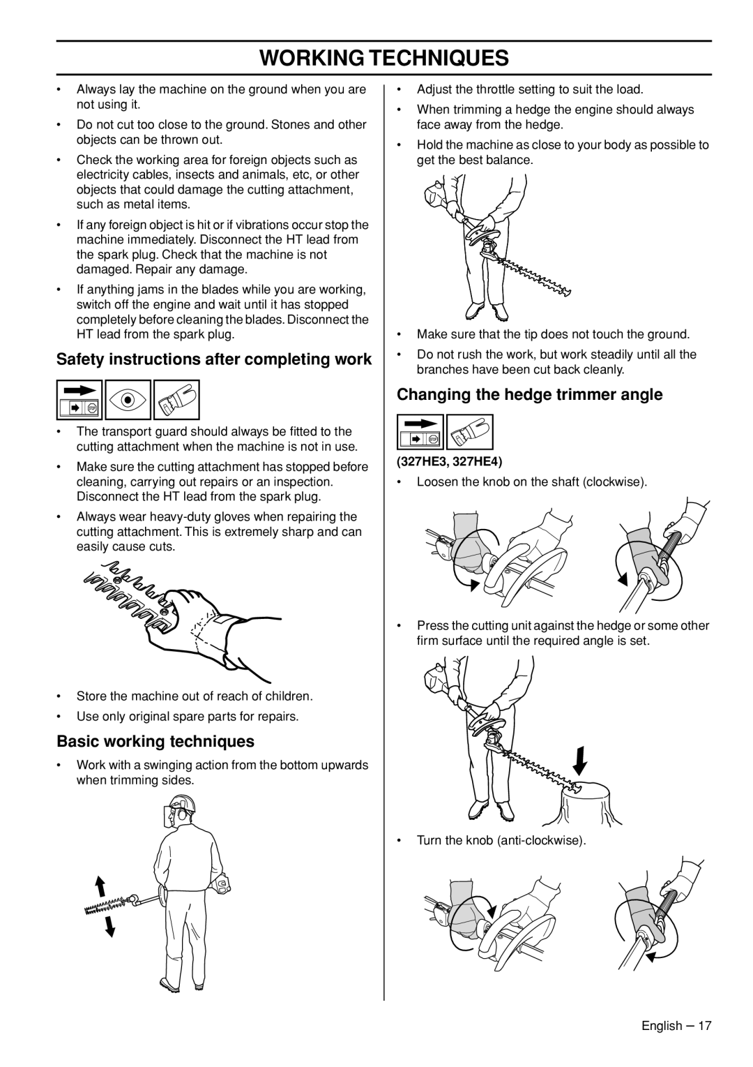 Husqvarna 327HDA65X Safety instructions after completing work, Basic working techniques, Changing the hedge trimmer angle 