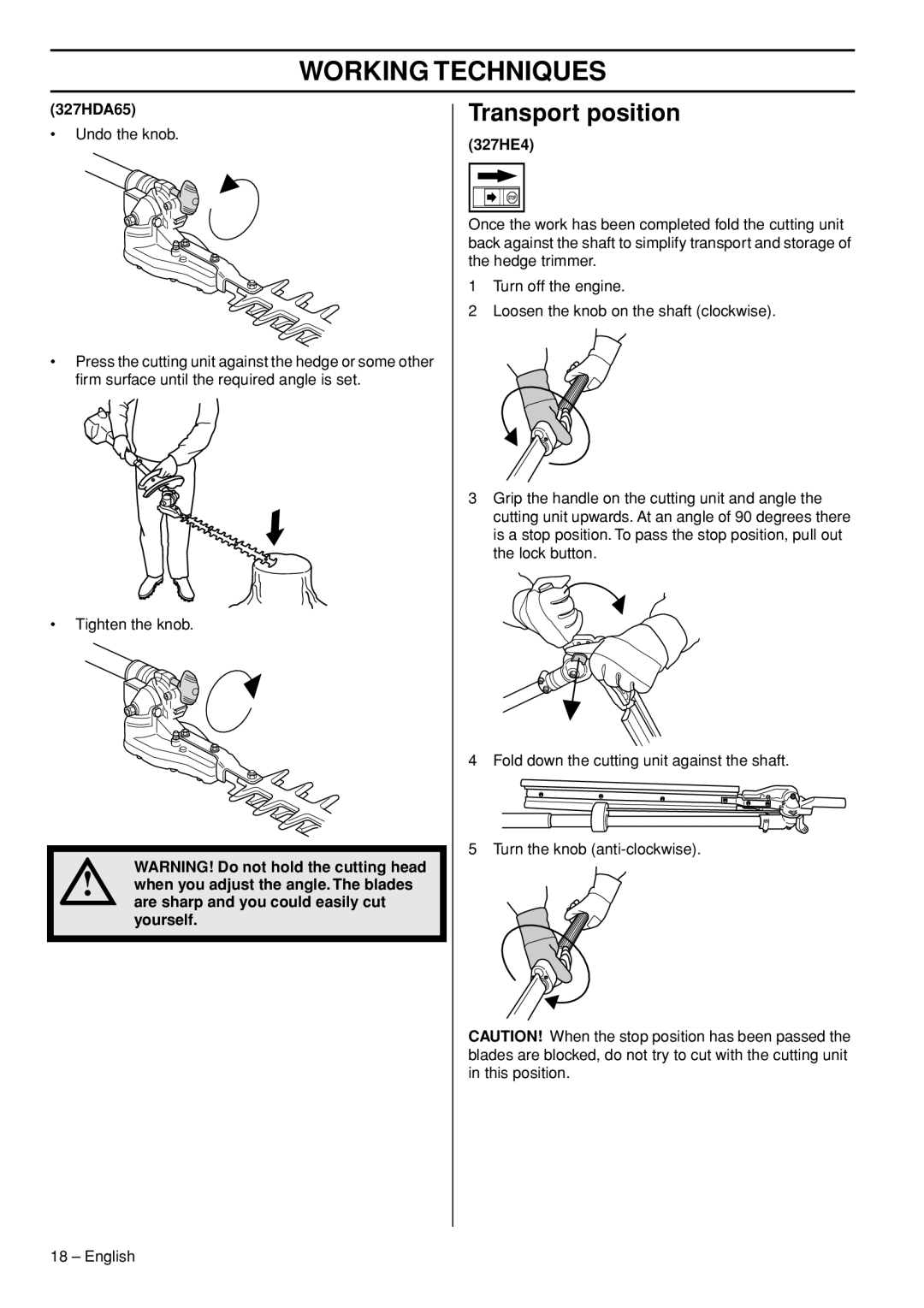 Husqvarna 327HE3X, 327HE4X, 327HDA65X manual Transport position 
