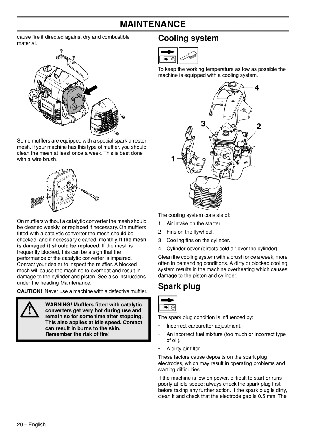 Husqvarna 327HDA65X, 327HE3X, 327HE4X manual Cooling system, Spark plug 