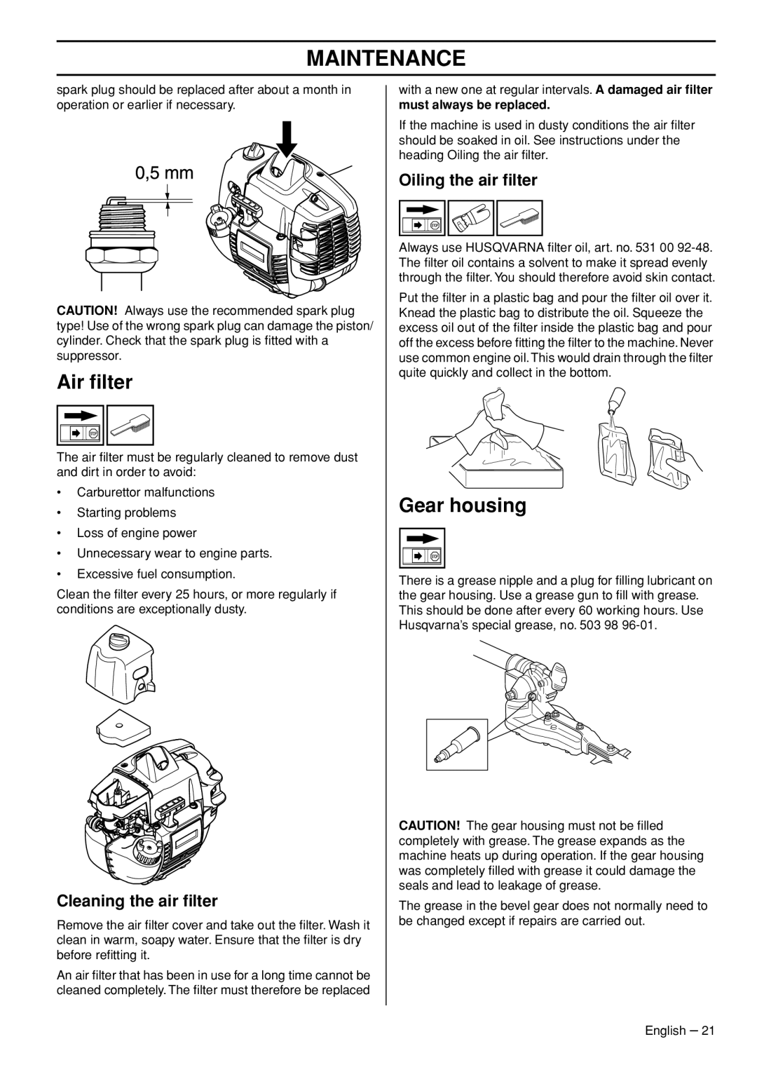 Husqvarna 327HE3X, 327HE4X Air ﬁlter, Gear housing, Cleaning the air ﬁlter, Oiling the air ﬁlter, Must always be replaced 