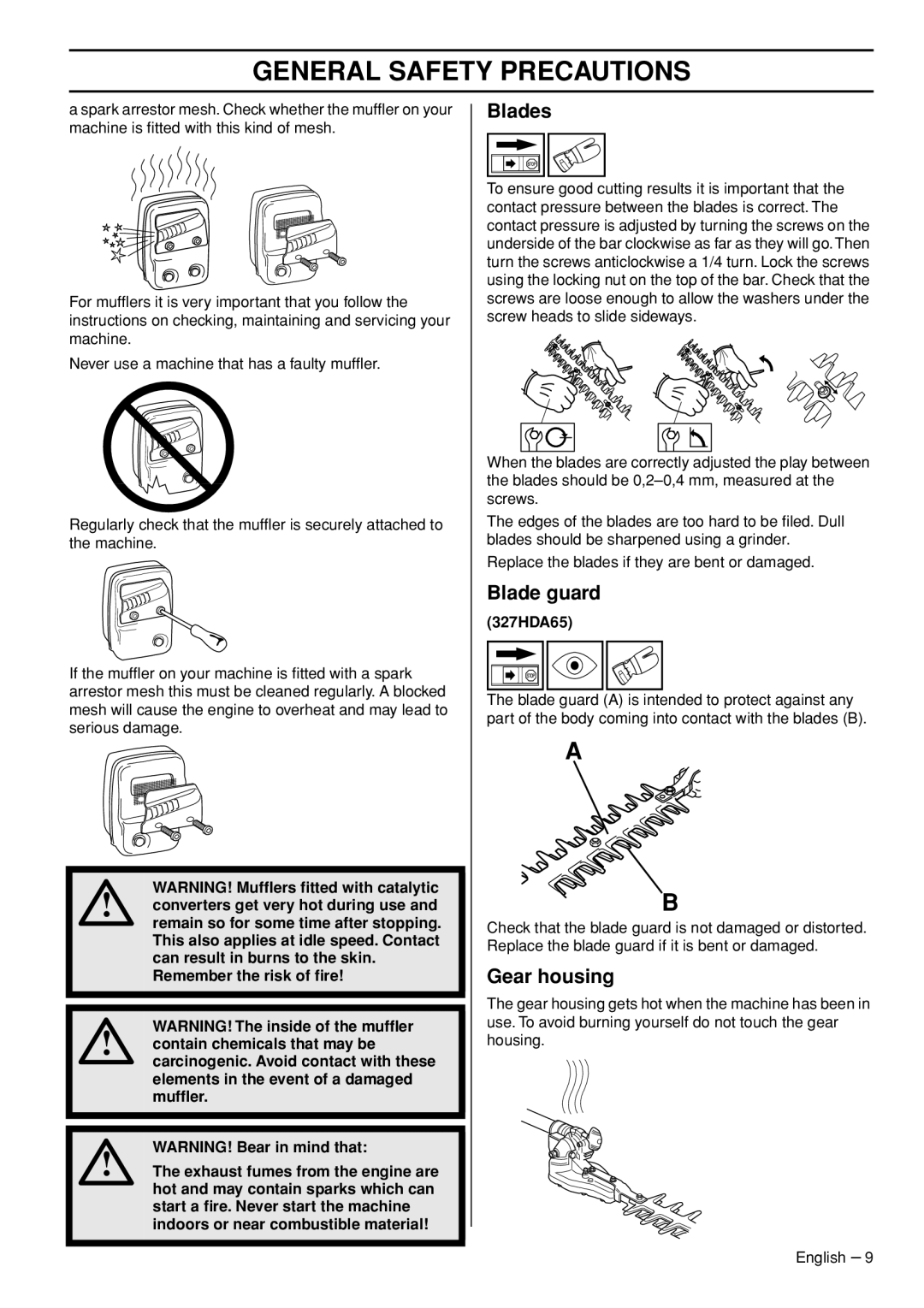 Husqvarna 327HE3X, 327HE4X, 327HDA65X manual Blades, Blade guard, Gear housing 