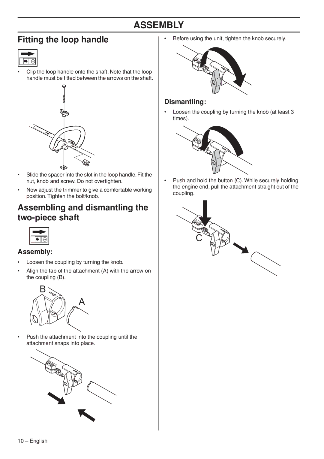 Husqvarna 327LDX-series Assembly, Fitting the loop handle, Assembling and dismantling the two-piece shaft, Dismantling 