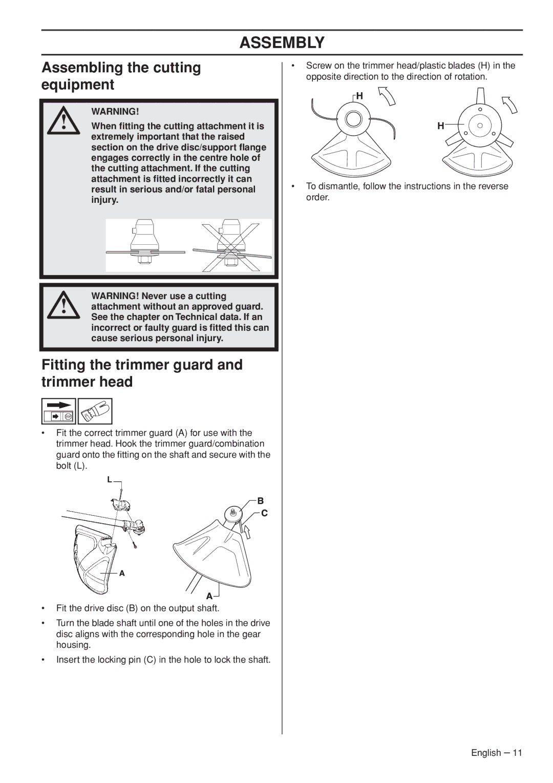 Husqvarna 327LDX-series manual Assembling the cutting equipment, Fitting the trimmer guard and trimmer head 