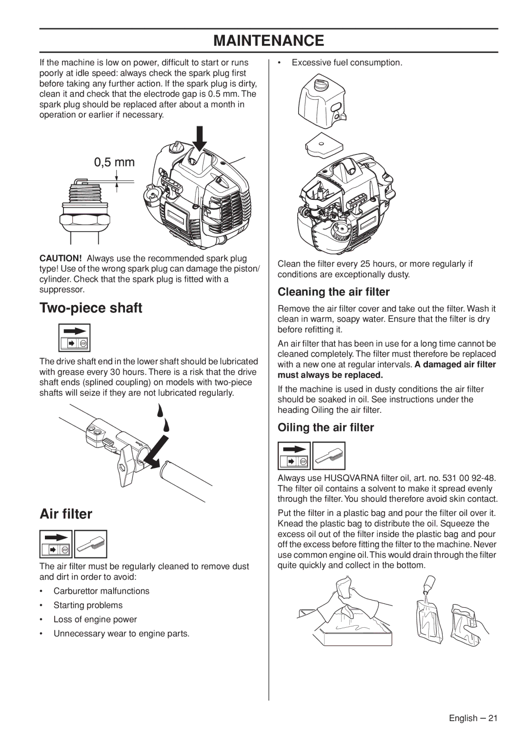 Husqvarna 327LDX-series Two-piece shaft, Air ﬁlter, Cleaning the air ﬁlter, Oiling the air ﬁlter, Must always be replaced 