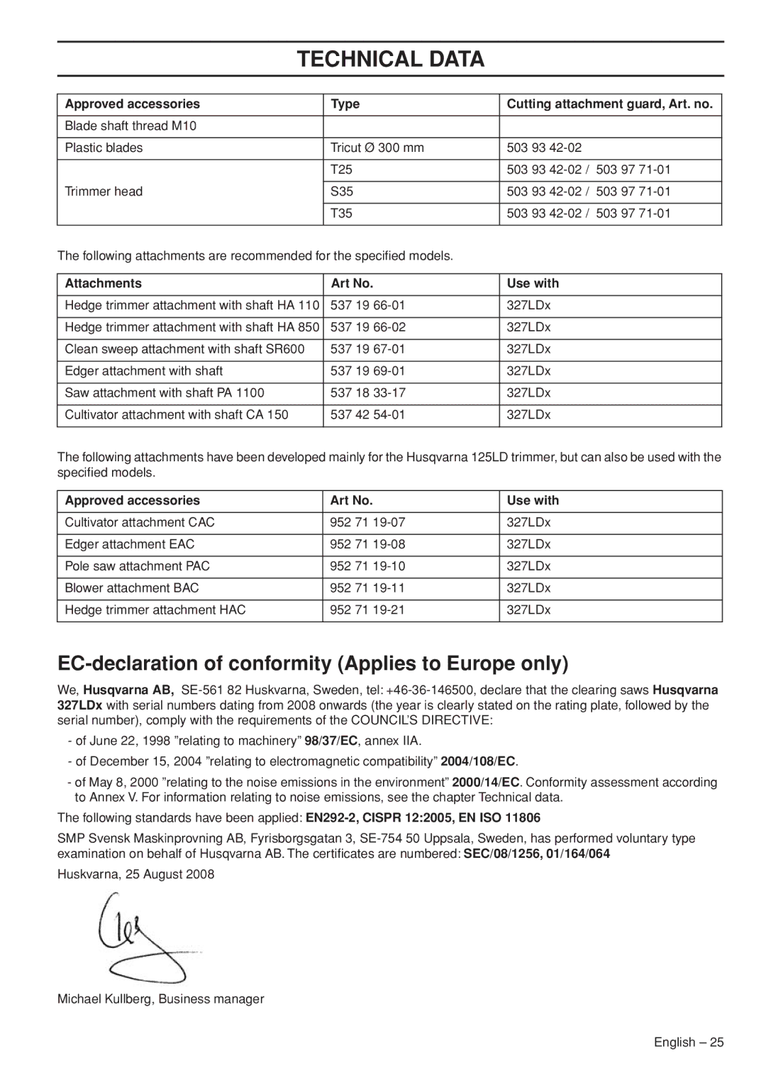 Husqvarna 327LDX-series manual EC-declaration of conformity Applies to Europe only, Attachments Art No Use with 