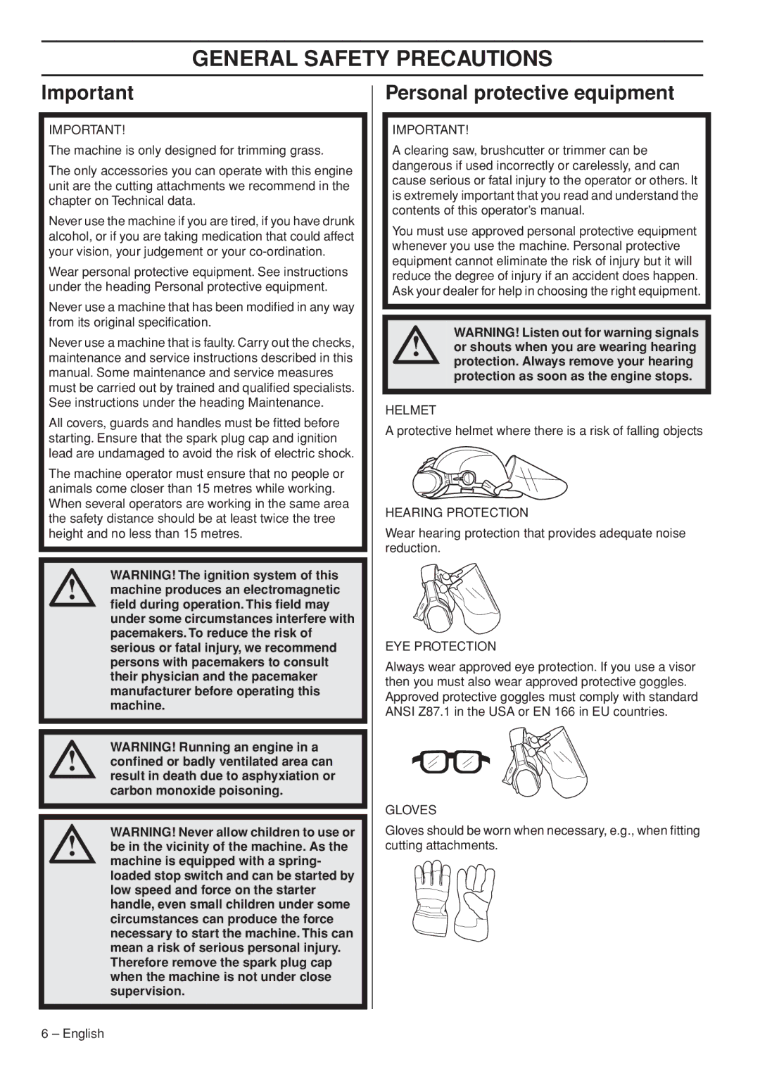 Husqvarna 327LDX-series manual General Safety Precautions, Personal protective equipment 