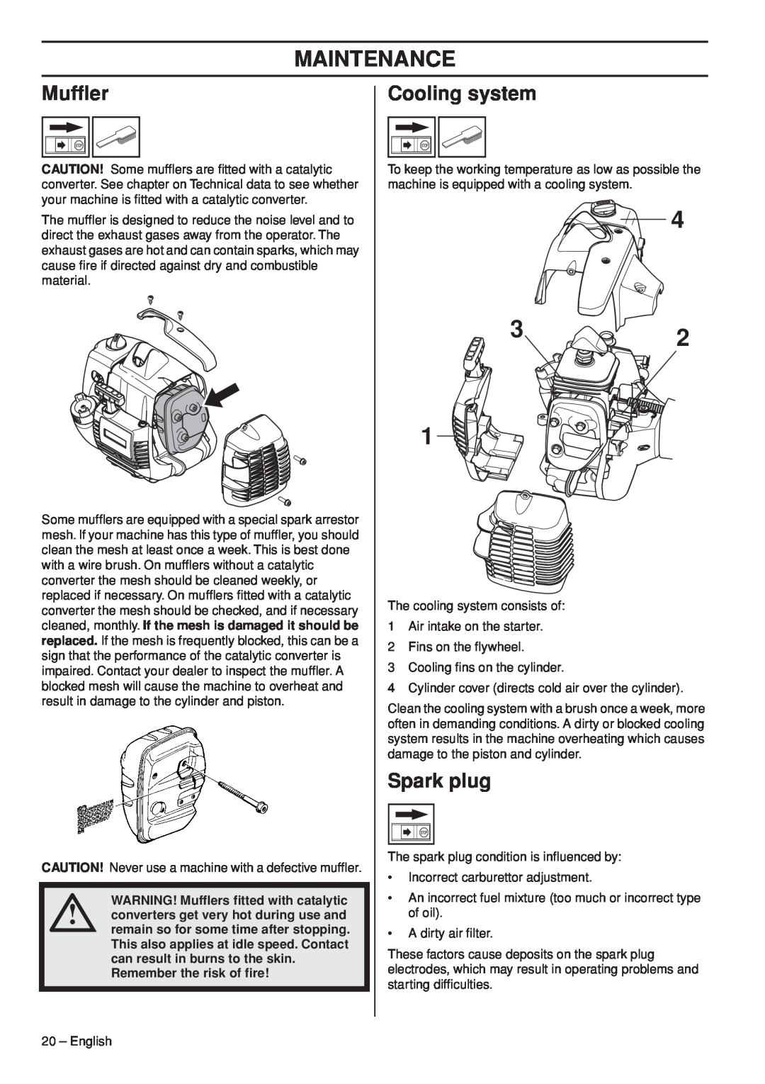 Husqvarna 327LDX-series manual Cooling system, Spark plug, Maintenance, WARNING! Mufﬂers ﬁtted with catalytic 