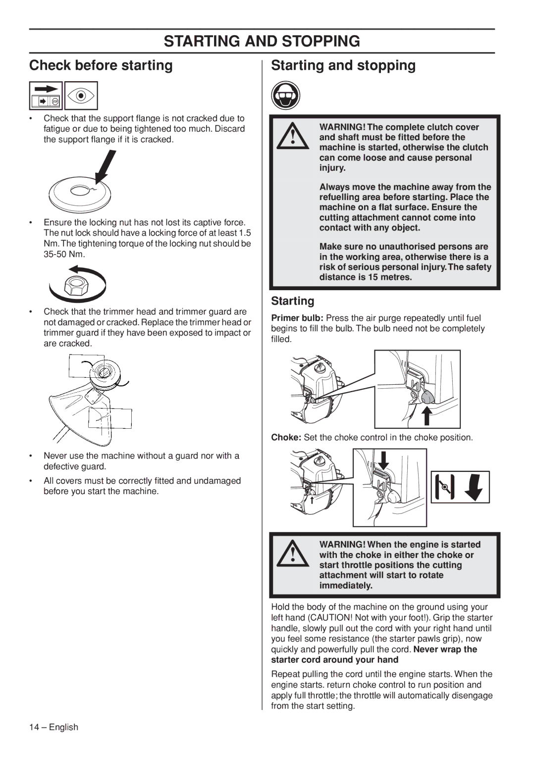 Husqvarna 327LDX manual Starting and Stopping, Check before starting, Starting and stopping, Starter cord around your hand 