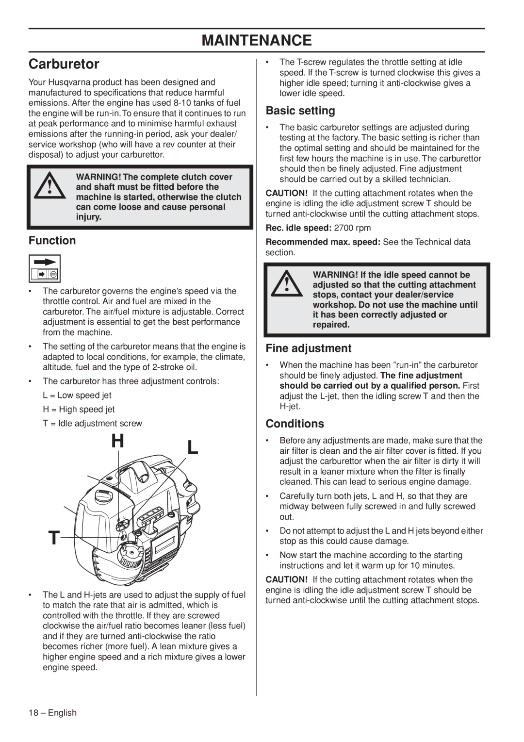 Husqvarna 327LDX manual Maintenance, Carburetor 