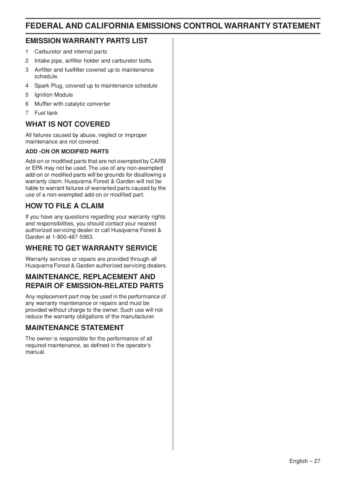 Husqvarna 327LDX manual Emission Warranty Parts List 