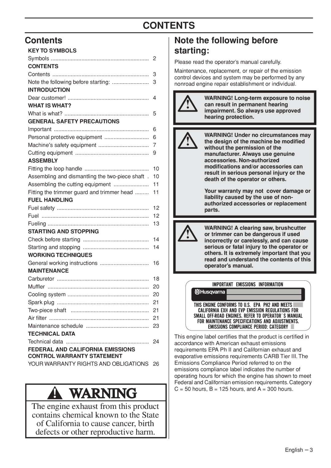 Husqvarna 327LDX manual Contents 